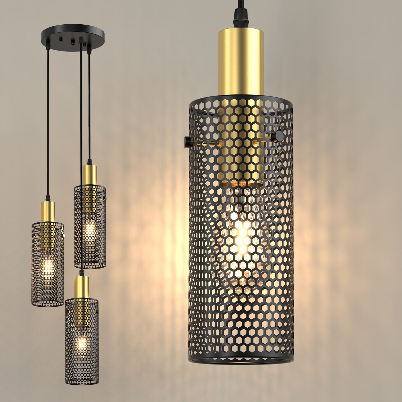 M08 3-Light Modern Pendant Ceiling Lamp Adjustable Metal Mesh Shade for Dining Room Hallway Kitchen