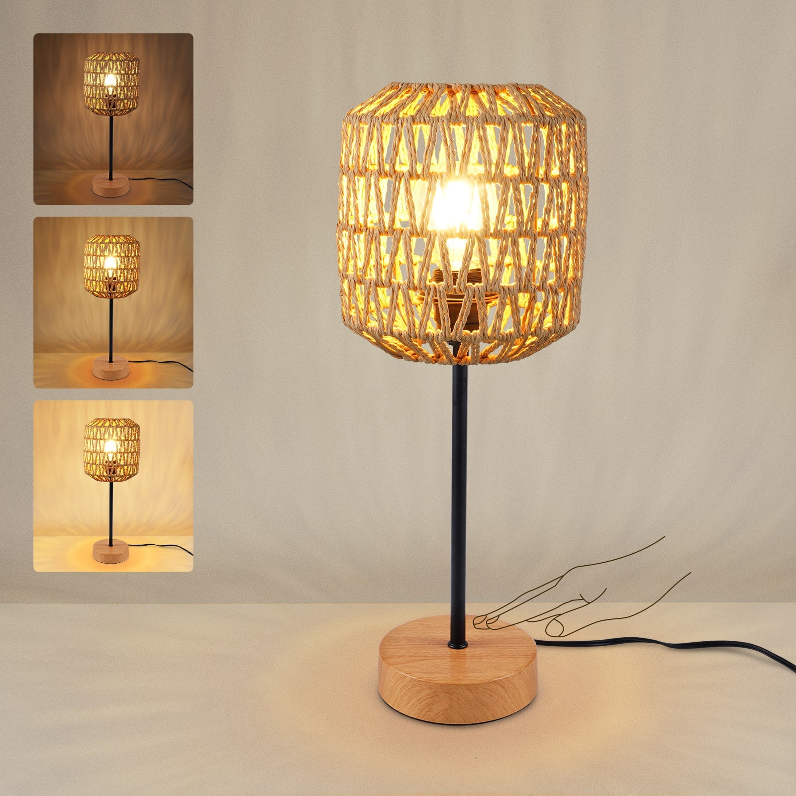 N02 Rustic Rattan Table Light with Handmade Woven Shade for Living Room
