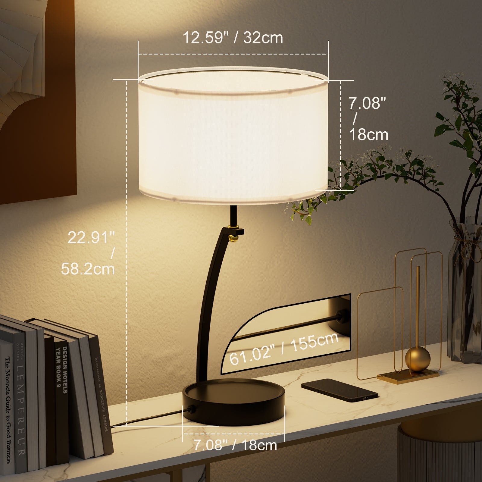 C07-2 Bedside Table Modern Lamps Dimmable & Touch Control for All Home Styles (Bulb Included)