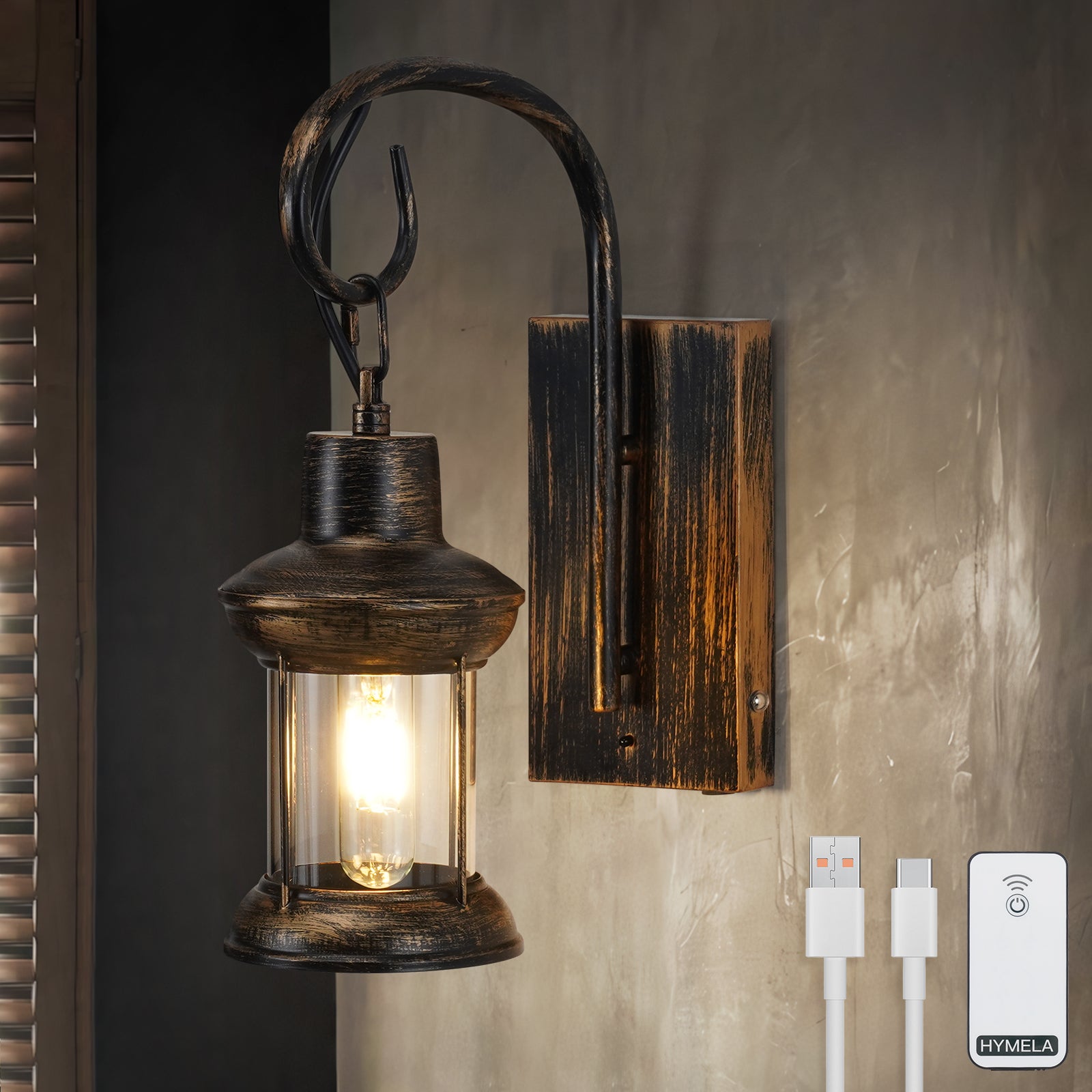 B02 Battery Operated Wall Sconce with Remote Vintage Lantern Sconce for All Home Styles(Bulb Included)