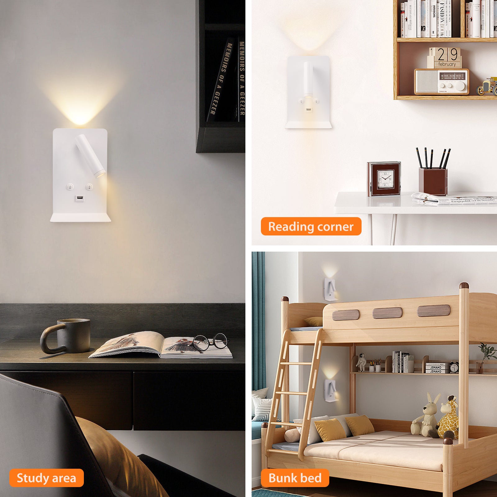 M03 Modern LED Wall Light Bedside Reading Light with USB Port