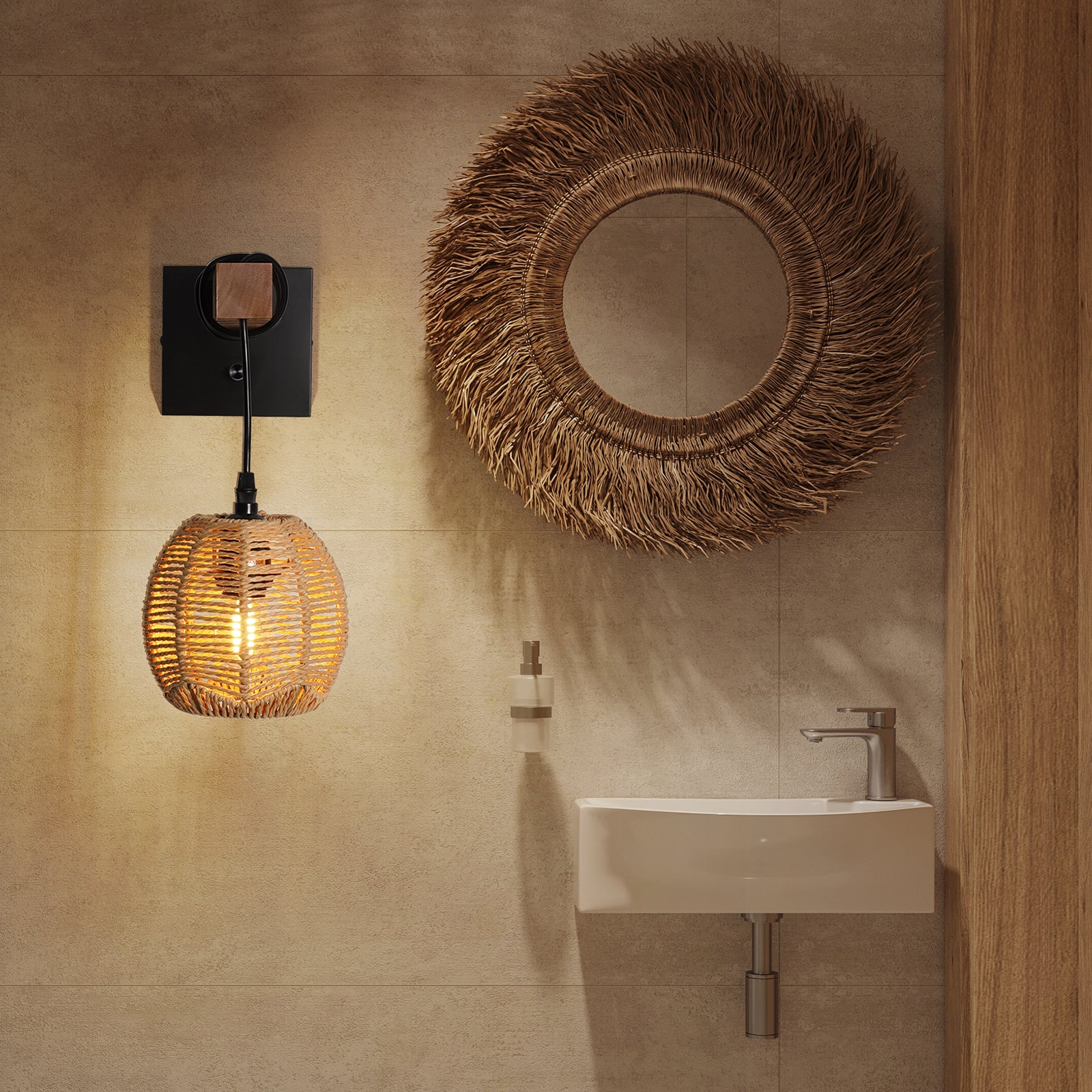 N01 Bathroom Retro Wall Light Dimmable with Handmade Rattan Lampshade