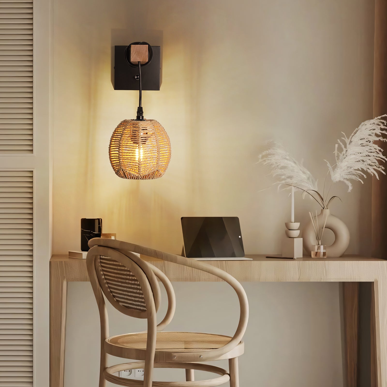 N01 Dimmable Wall Sconce with Rattan Lampshade for Study Room