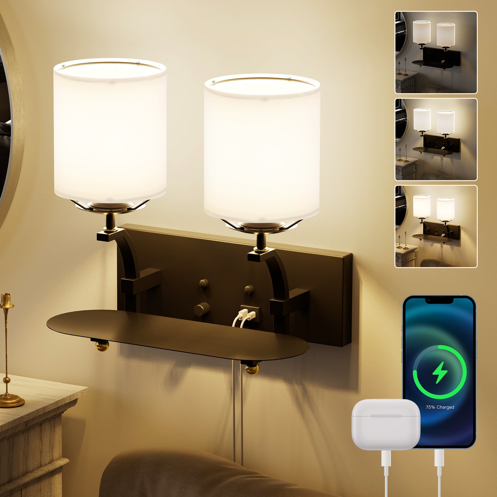 C07-1 Stepless Dimming Modern Wall Sconce With Linen Shade & USB Port for All Home Style