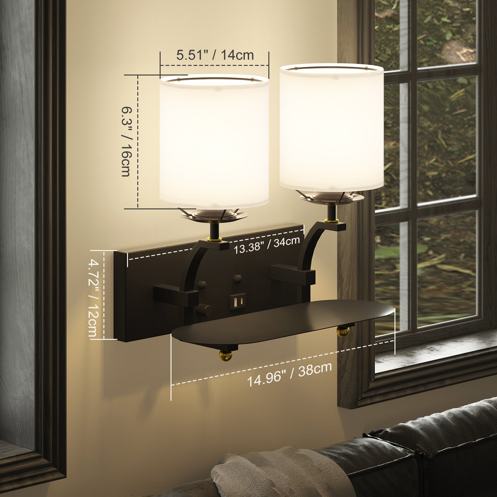 C07-1 Stepless Dimming Modern Wall Sconce With Linen Shade & USB Port for All Home Style