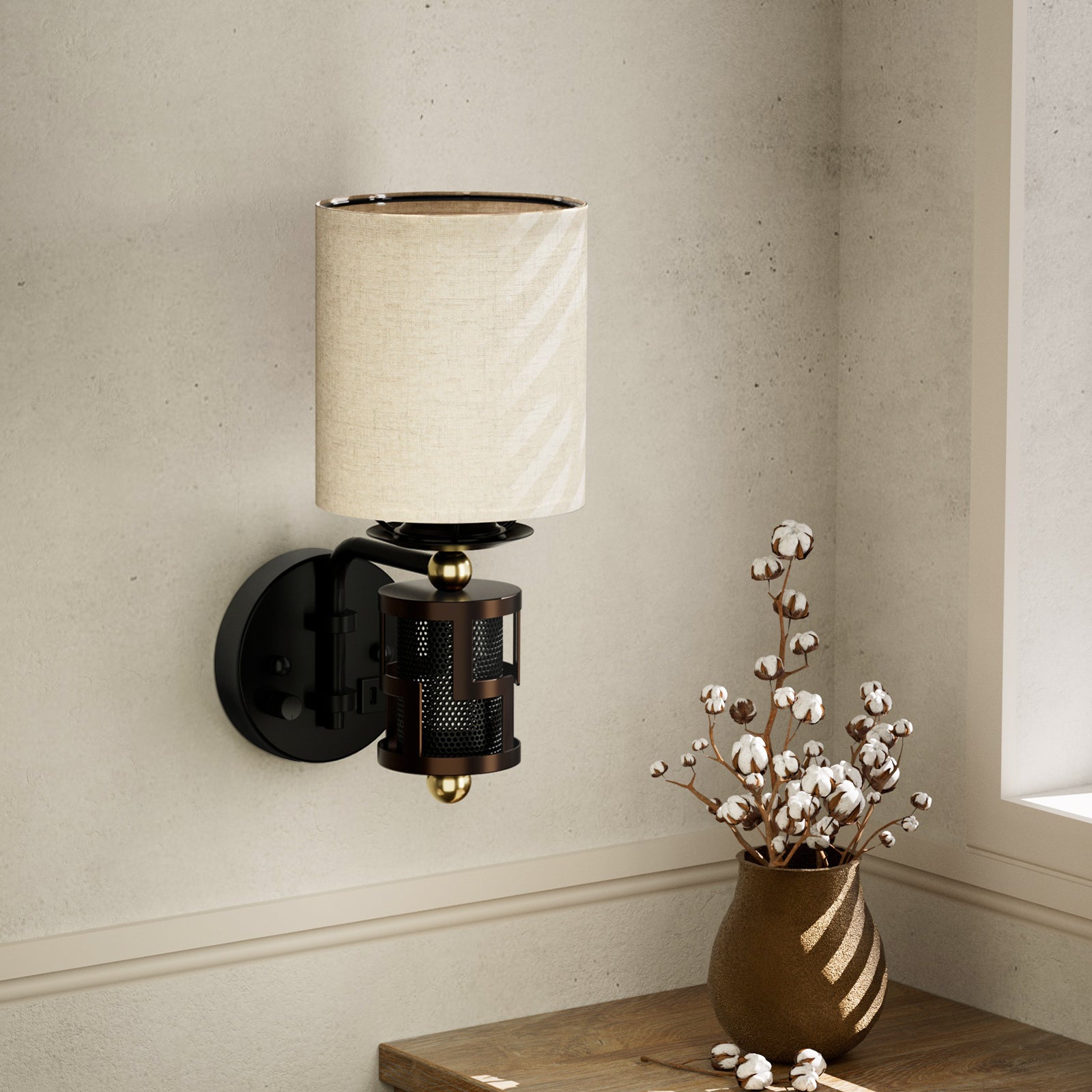 V07-1 Vintage Wall Sconce with Beige Linen Lampshade 0-100% Dimmable