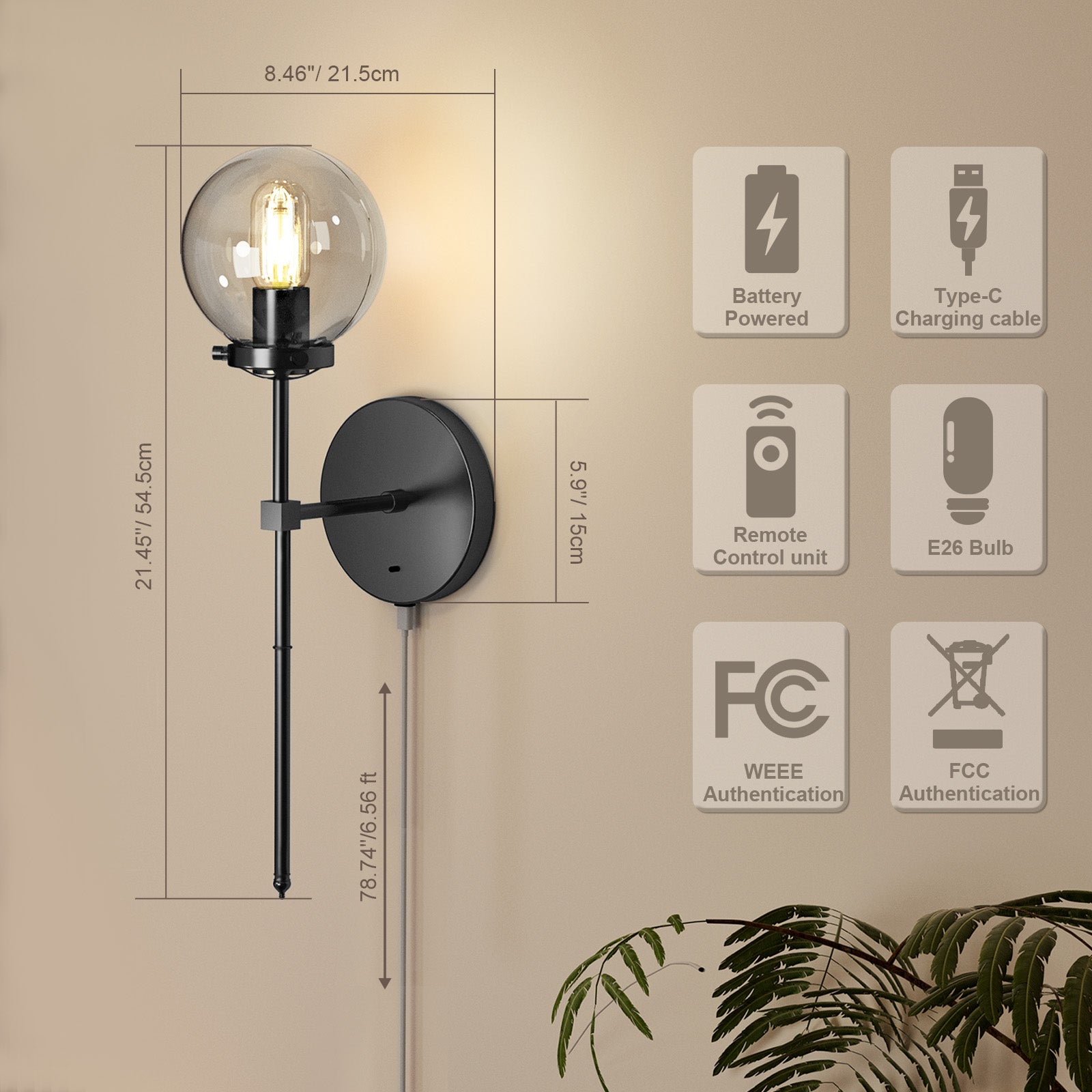 B04 Modern Battery Powered Glass Wall Sconces with Remote For All Home Styles