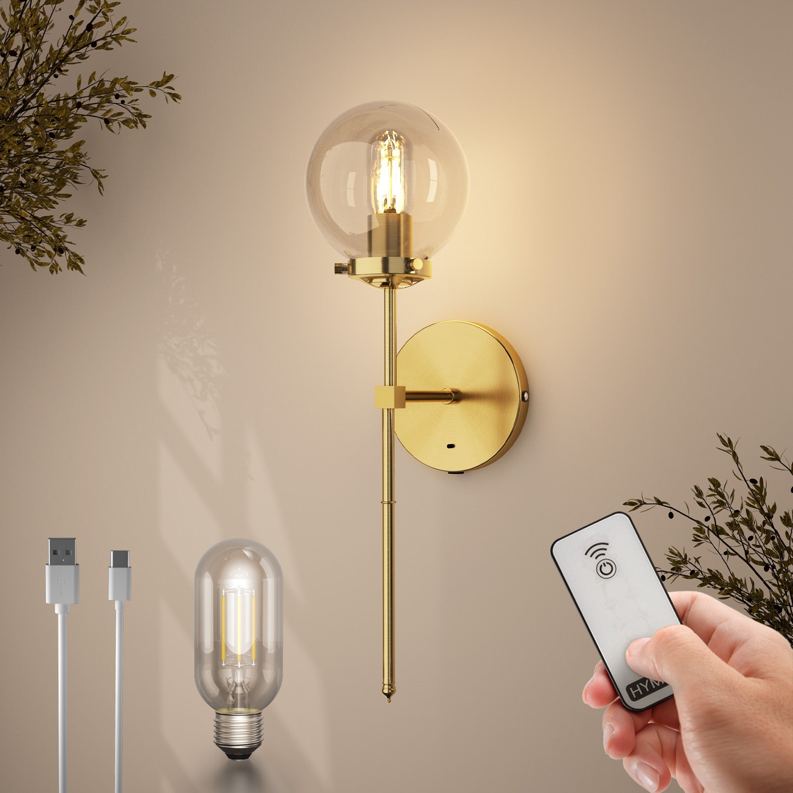 B04 Modern Battery Powered Glass Wall Sconces with Remote For All Home Styles