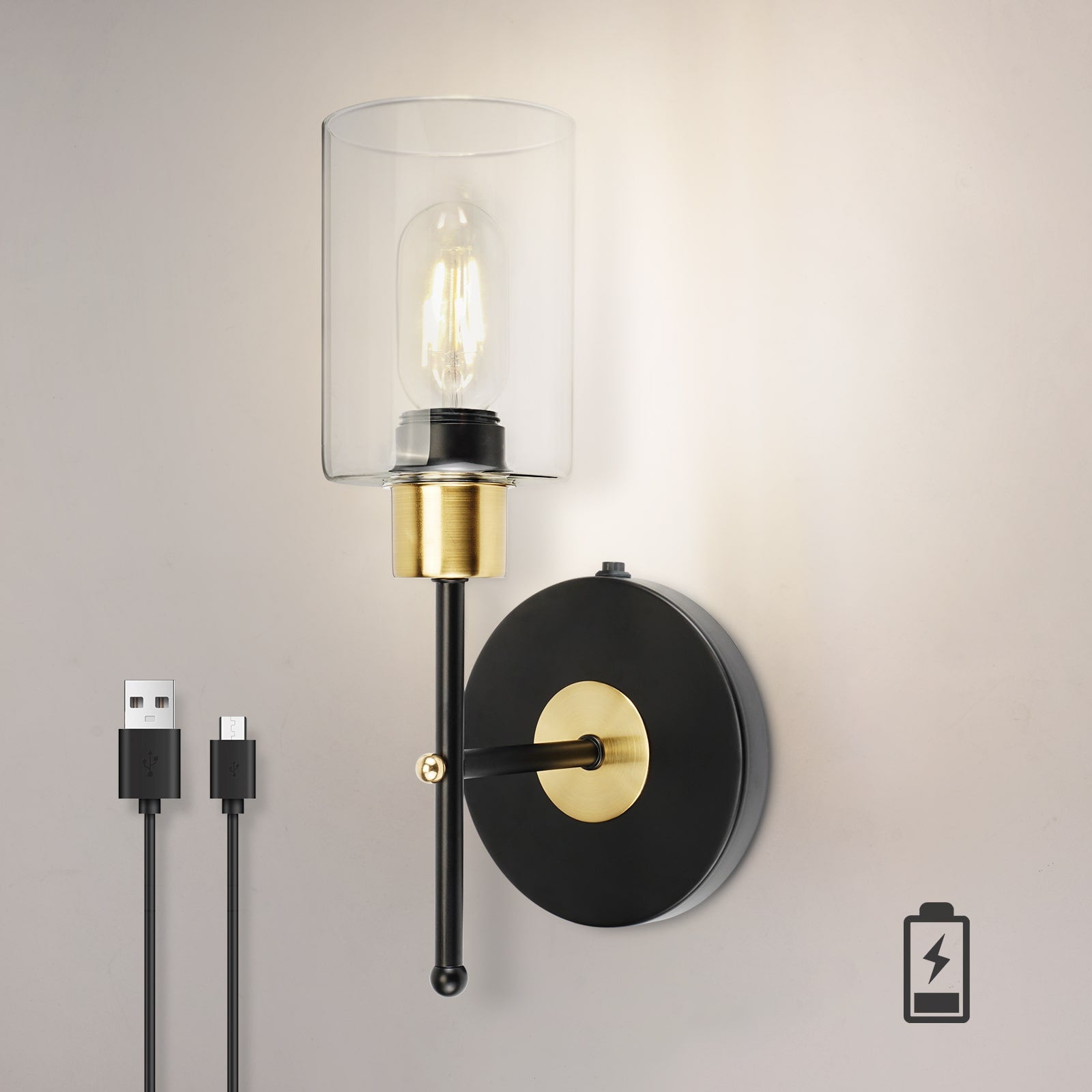 C01 Battery Operated Wall Sconces Lamp with Clear Glass Shade Cordless Fixtures (Bulb Included)