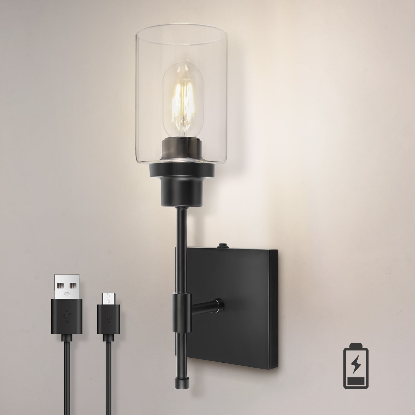 C02 Battery Operated Wall Sconces with Glass Shade for All Home Style（Bulb Included）