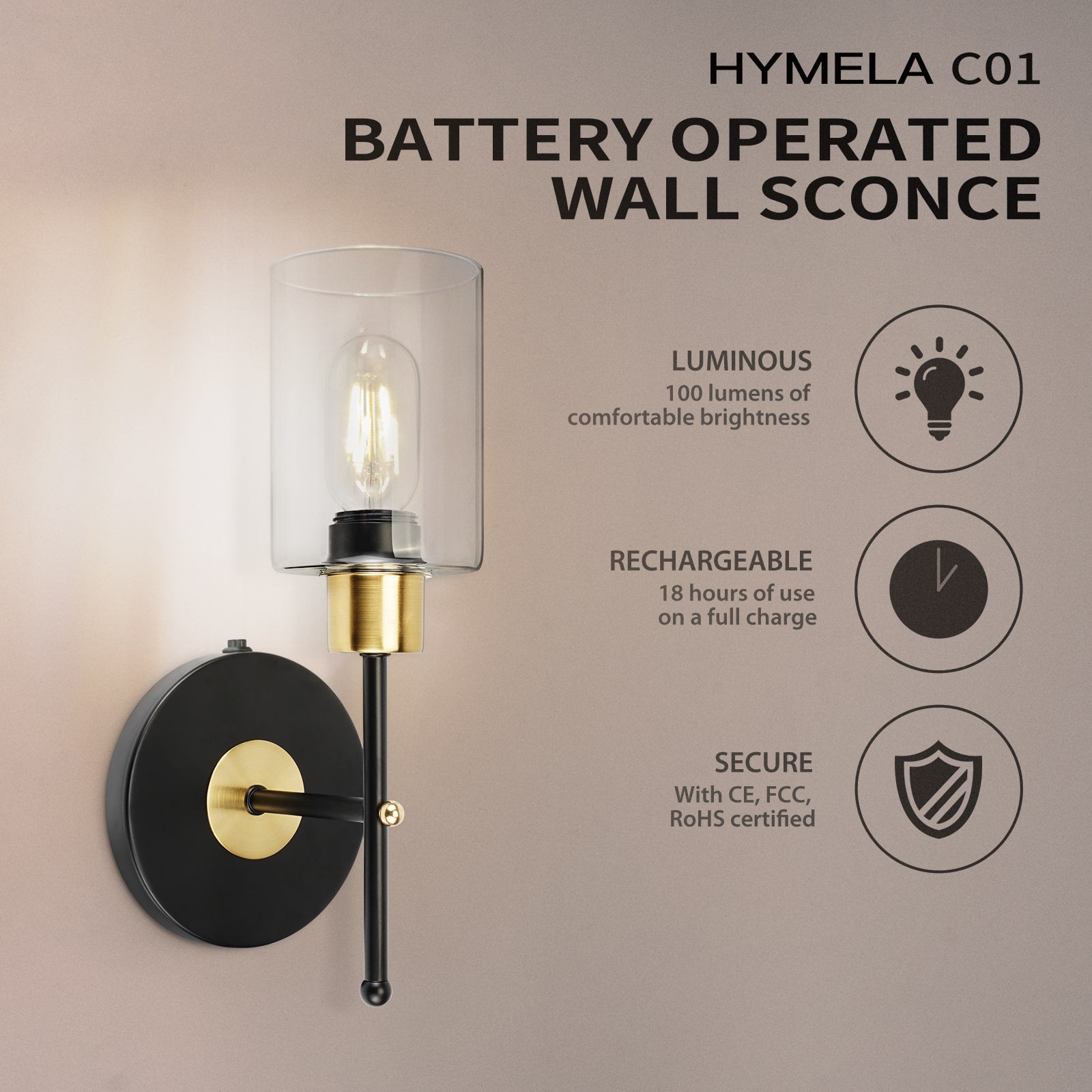 C01 Battery Operated Glass Shade Wall Light for Hallway