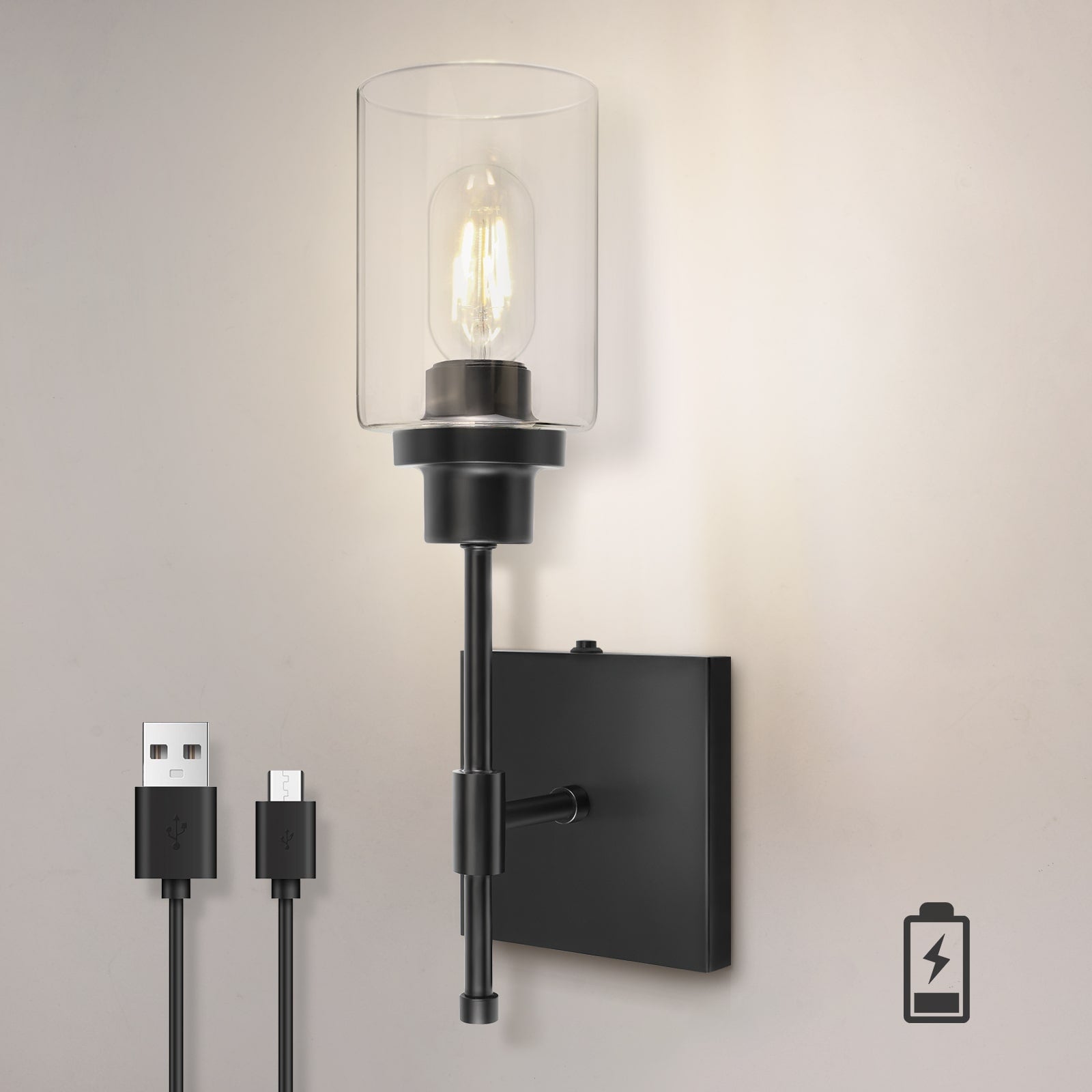 C01 Cordless Rechargeable Wall Sconces with Glass Shade for Living Room