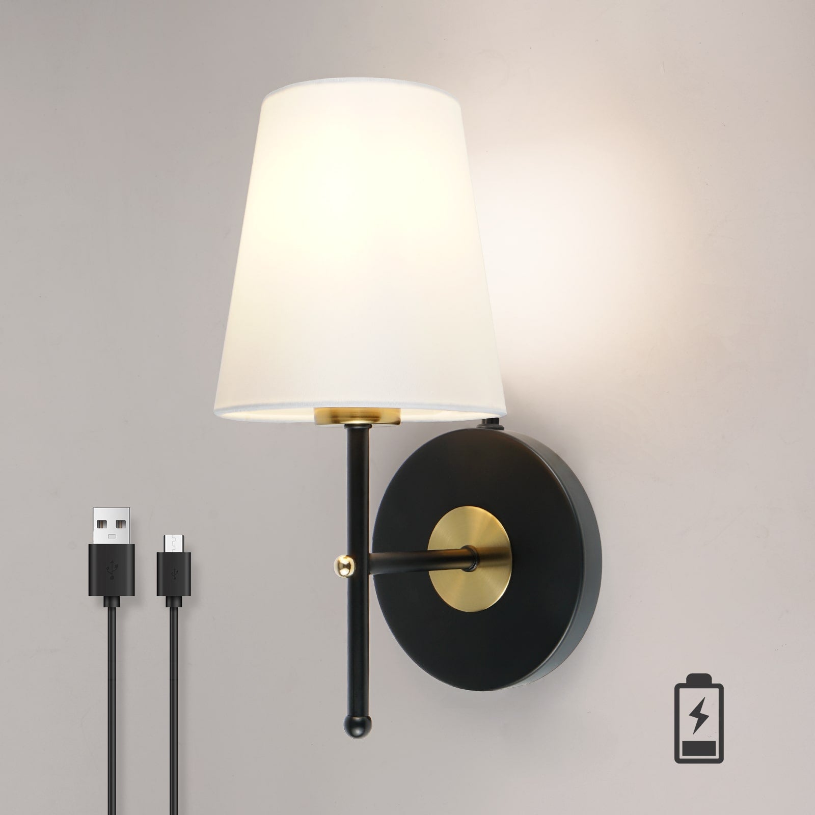 C01 Rechargeable Wall Sconce Battery Wall Mounted Lamps with Fabric Shade