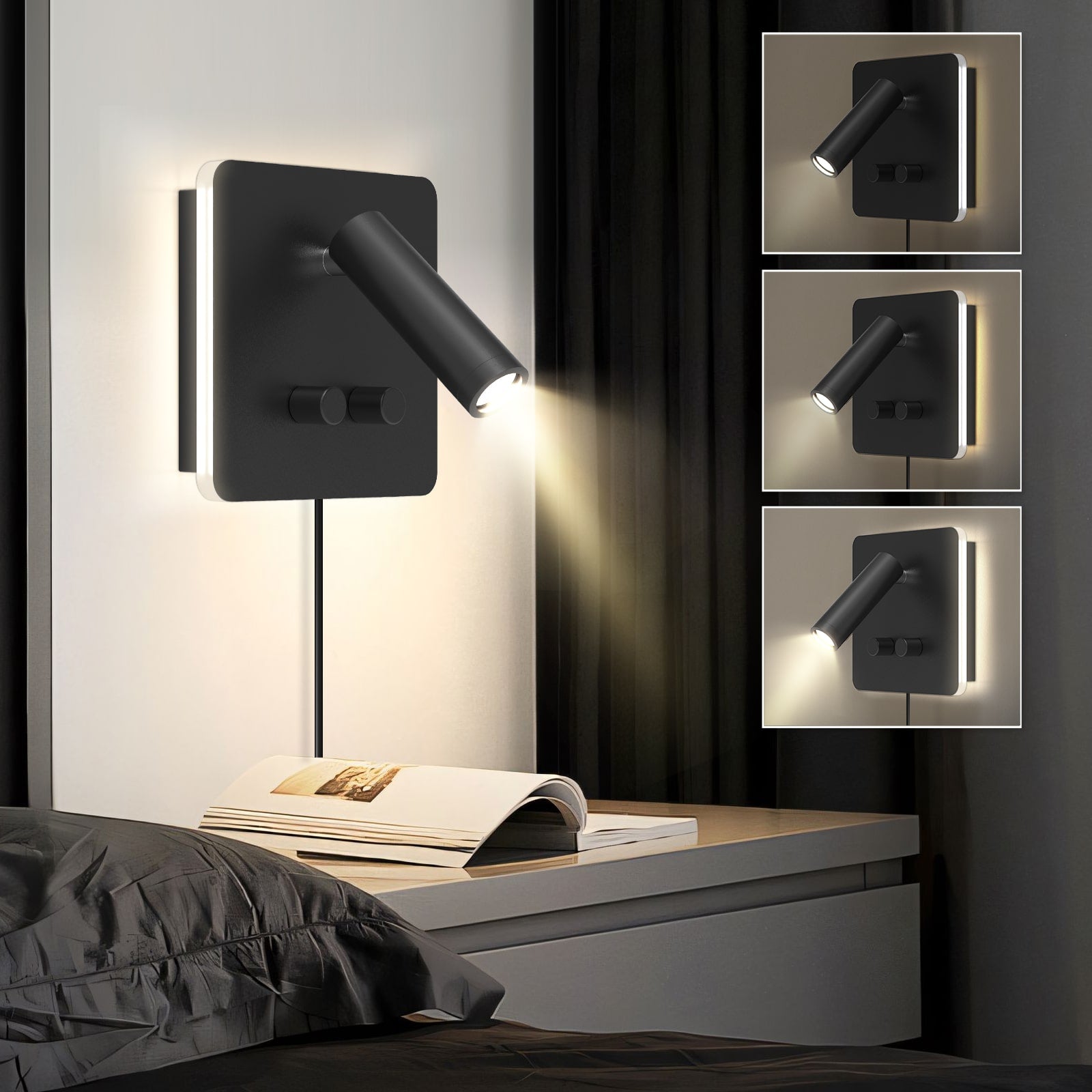 M10 Plug In Dimmable Reading Wall Sconce with Night Backlight Bedside Lamp