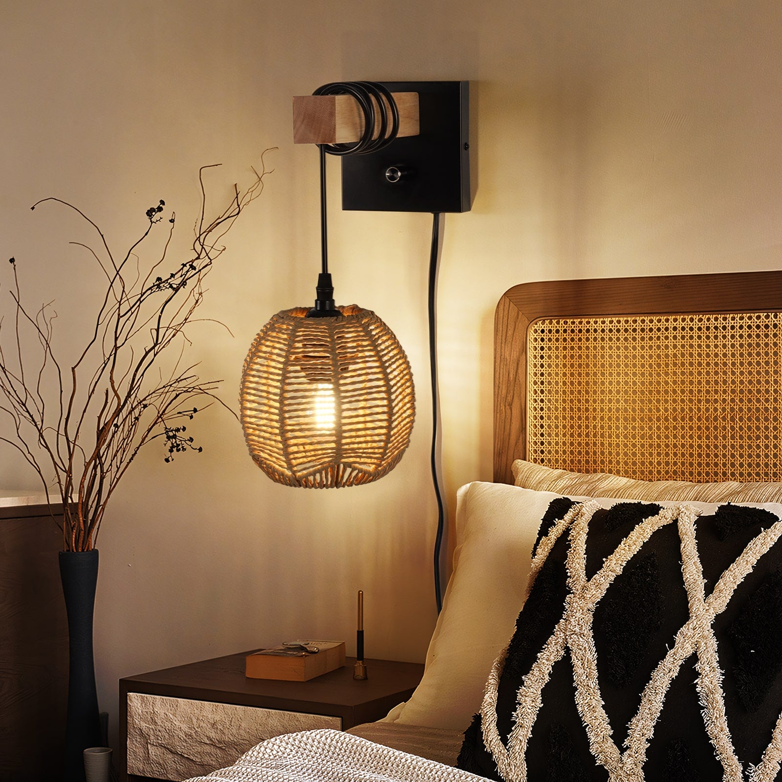 N01  Dimmable Rattan Wall Sconce for Bedroom – Boho Style