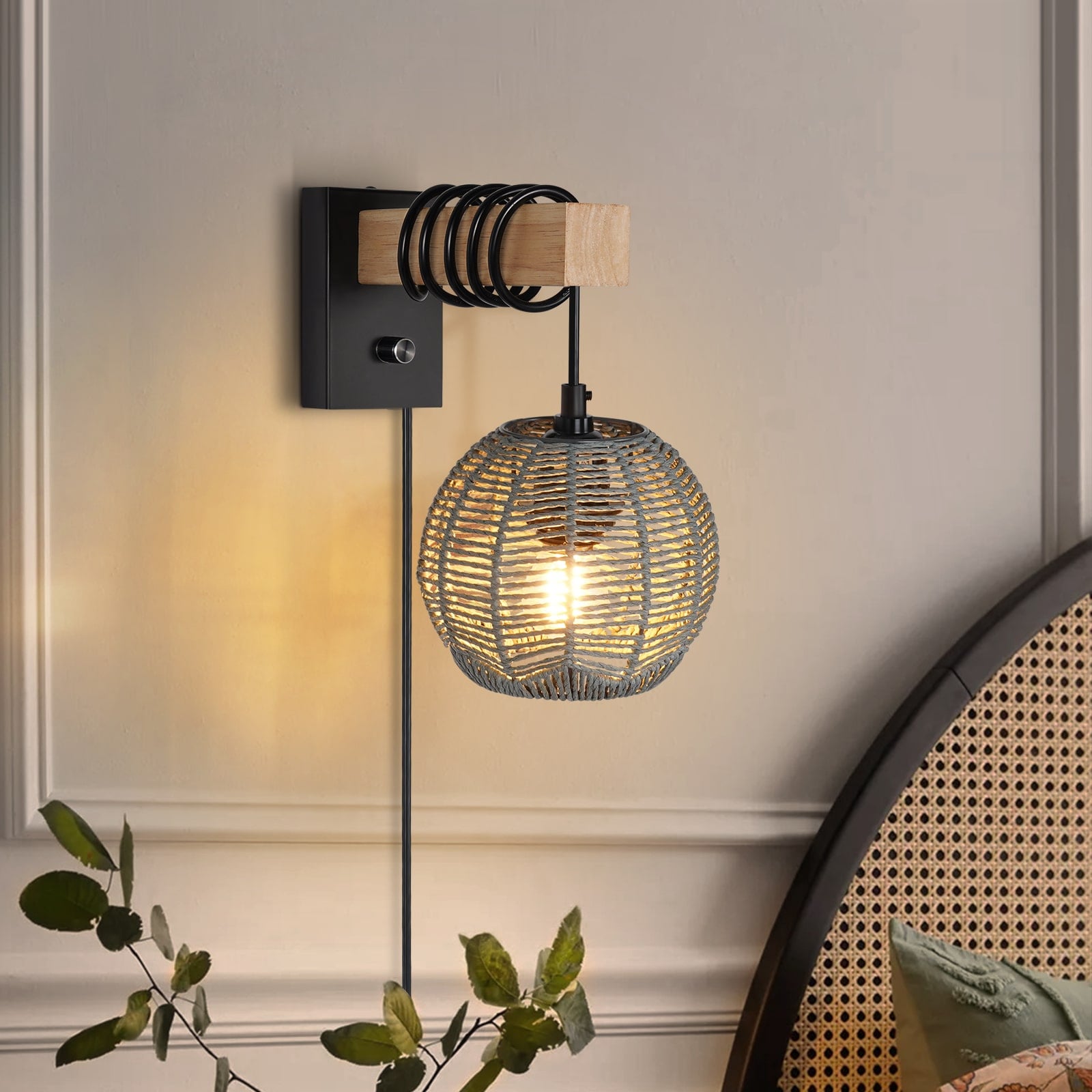 N01 Plug-in Boho Wall Sconce with Handwoven Rattan Shade for Kitchen