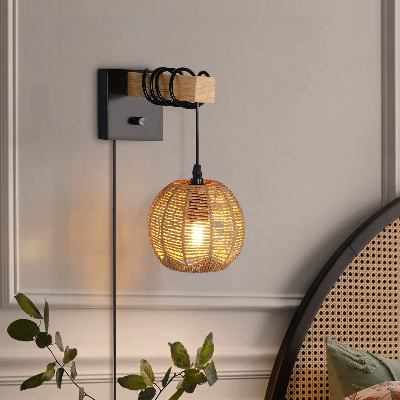 N01 Boho Rattan Wall Lamps with Dimmable Switch for Dining Room