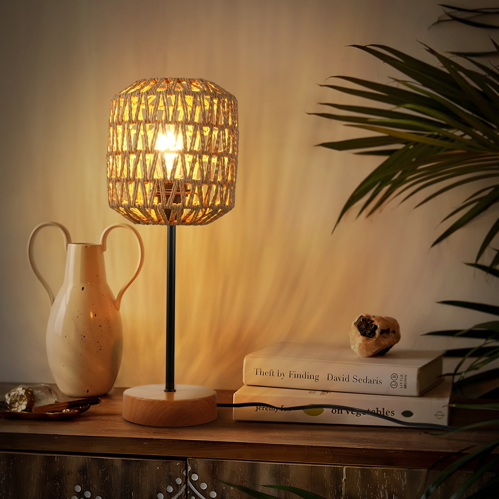 N02 Boho Table Lamp with Hand-Woven Rattan Shade - 3-Way Dimmable Touch Control & USB Ports for Bedroom