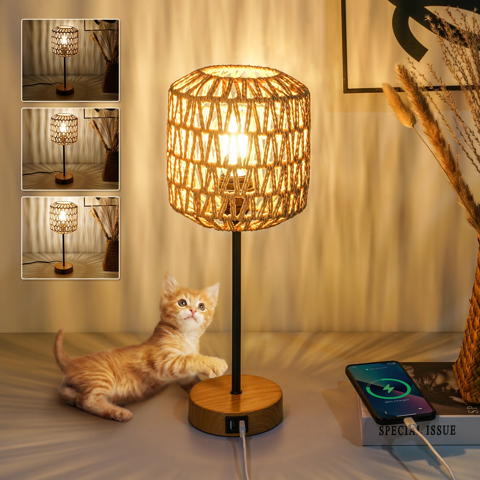 N02 Boho Table Lamp with Hand-Woven Rattan Shade - 3-Way Dimmable Touch Control & USB Ports for Bedroom