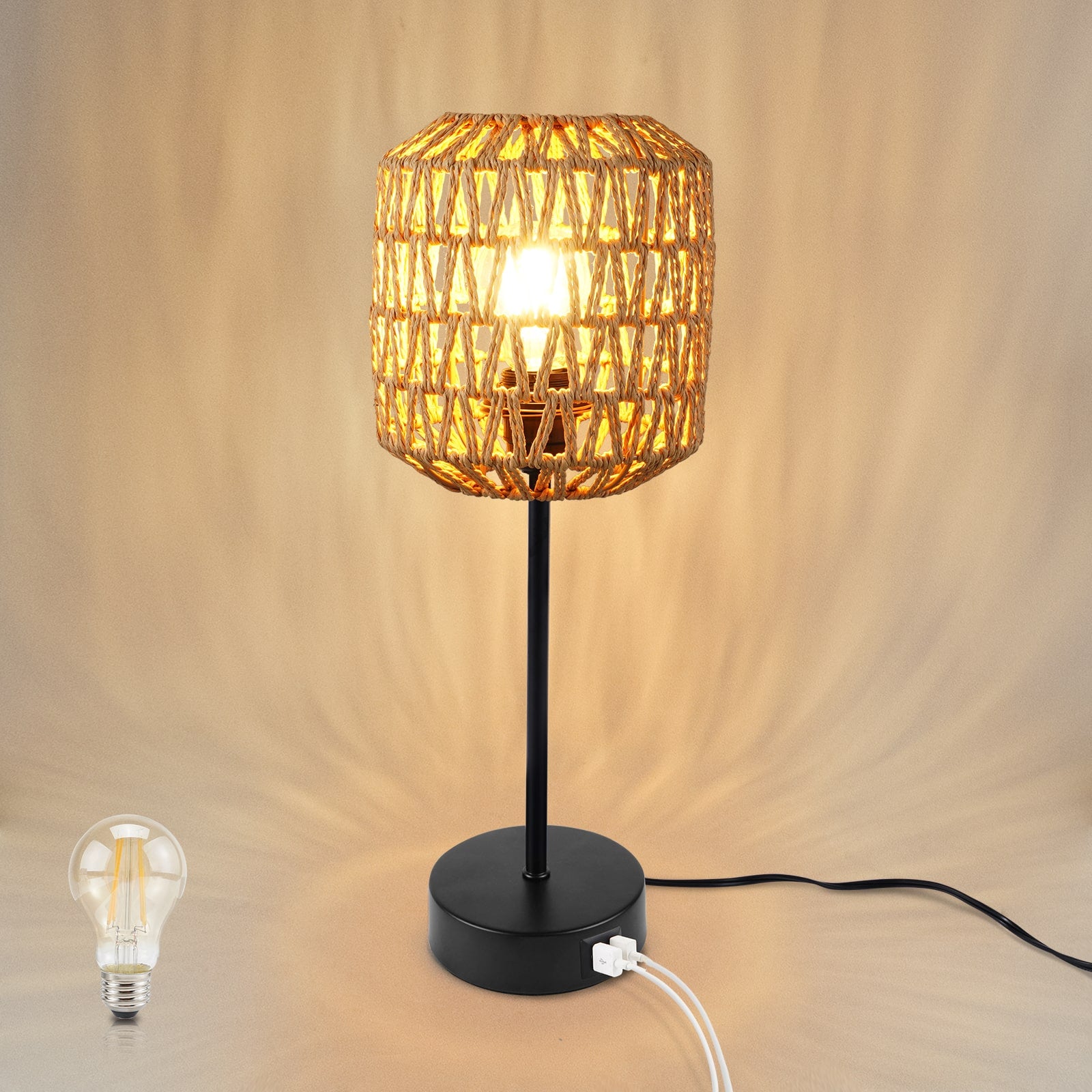 N02 Boho Table Lamp with Hand-Woven Rattan Shade - 3-Way Dimmable Touch Control & USB Ports for Bedroom