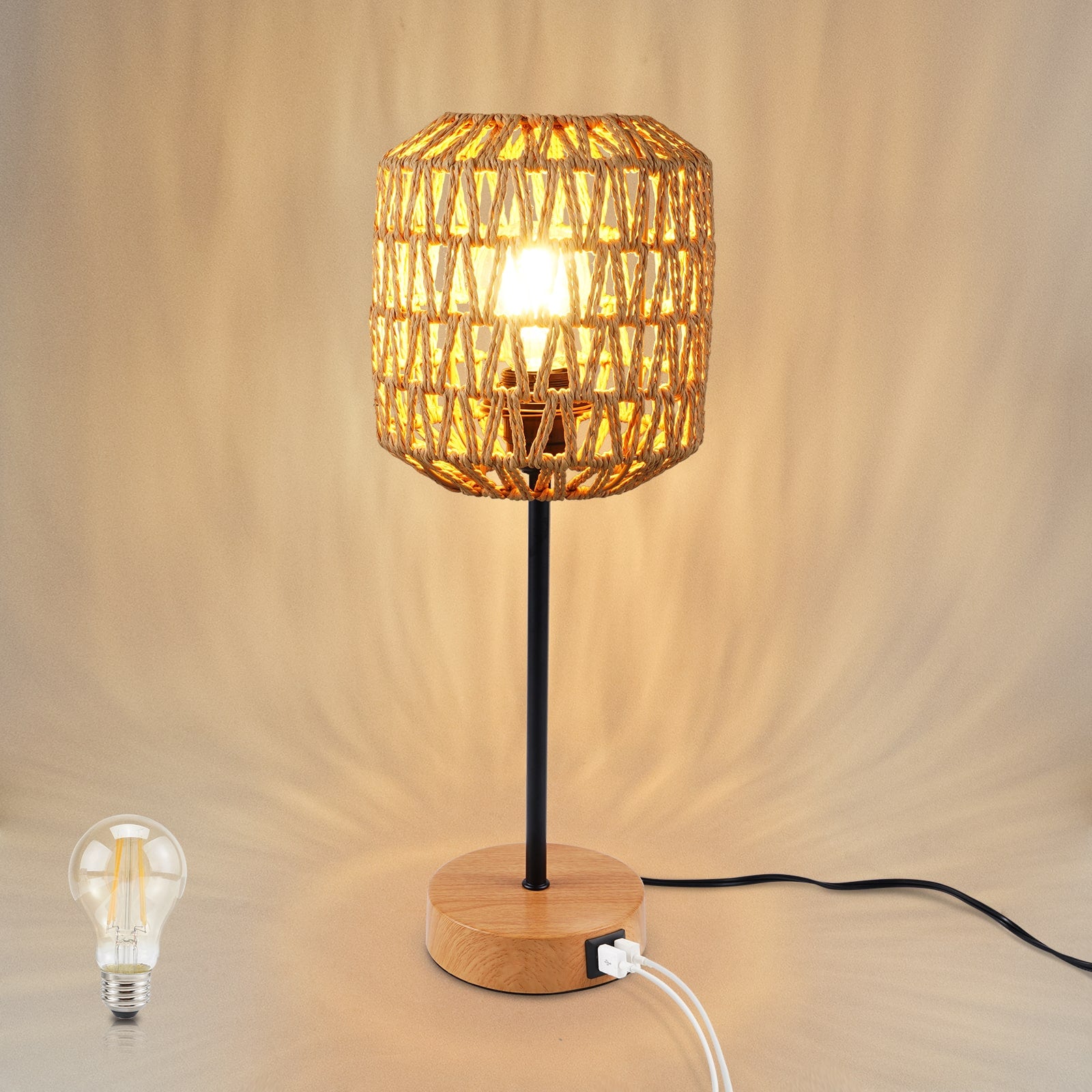 N02 Vintage Rattan Table Lamp with USB Charging Ports and AC Outlet for Bedroom