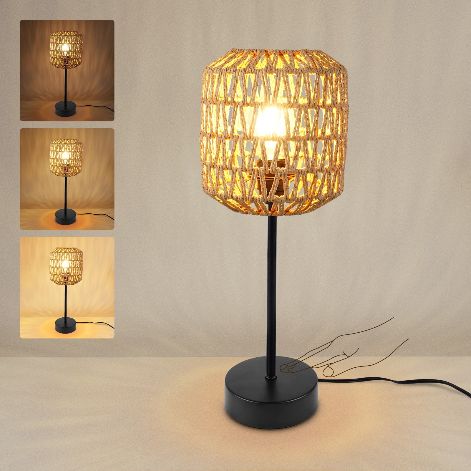 N02 Rustic Rattan Table Lamp with Handmade Woven Shade for Living Room