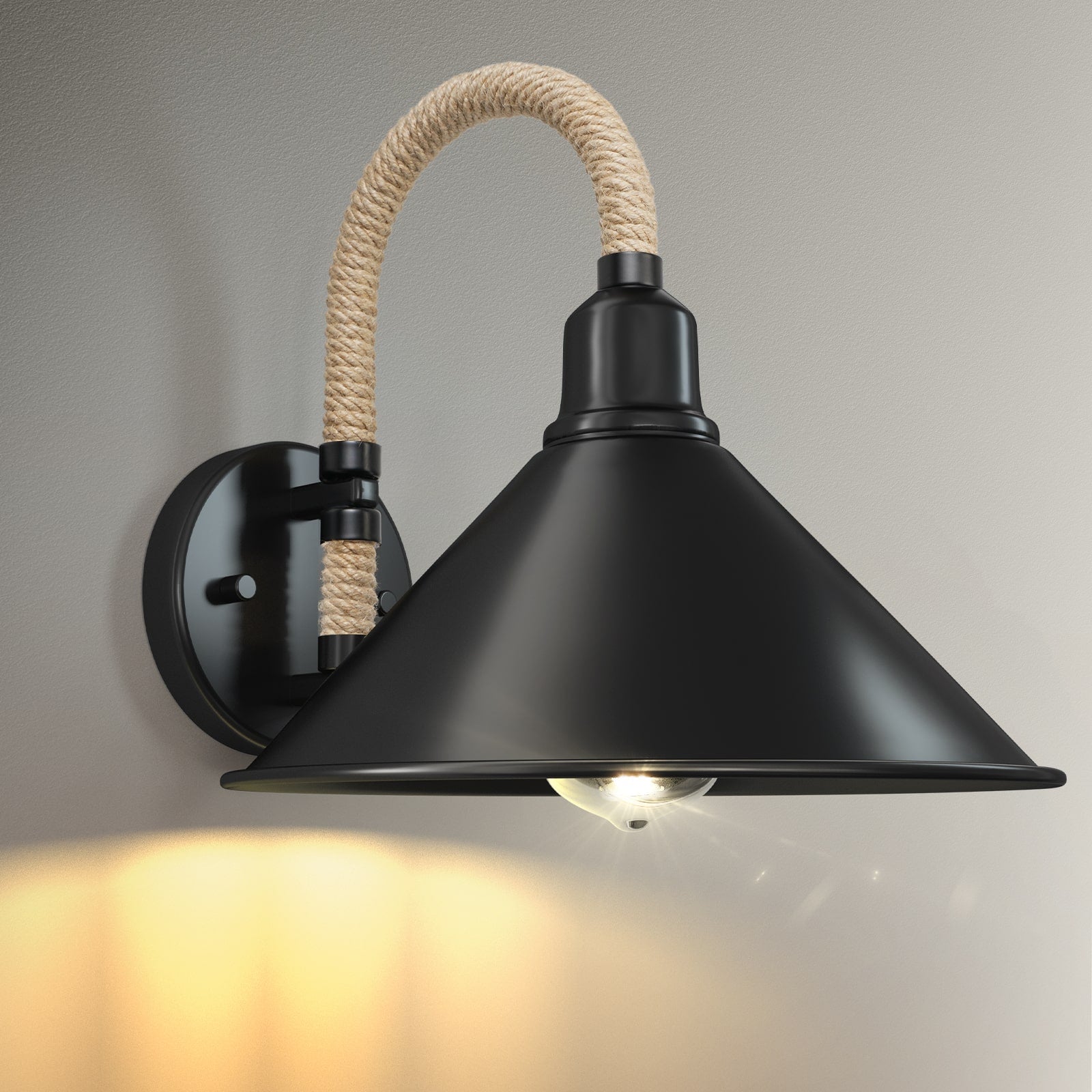 N03 Stylish Gooseneck Black Wall Lamp with Hand-Woven Hemp Rope – Perfect for Kitchen