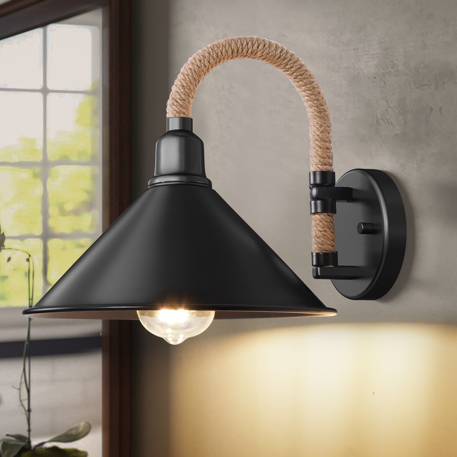 N03 Stylish Gooseneck Black Wall Lamp with Hand-Woven Hemp Rope – Perfect for Kitchen