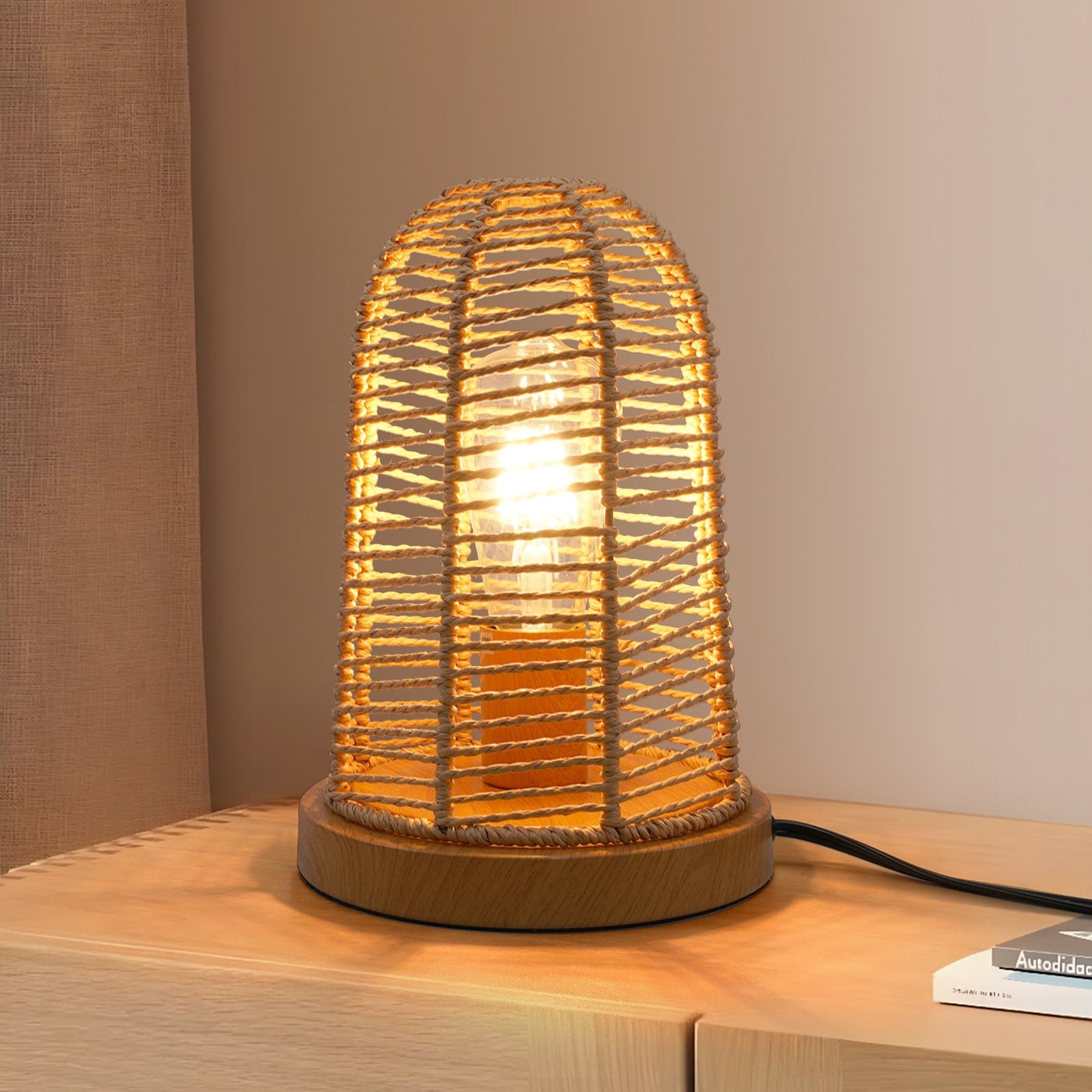 N04 Farmhouse Table Lamp with Hand-Woven Shade Touch Control for Dining Room