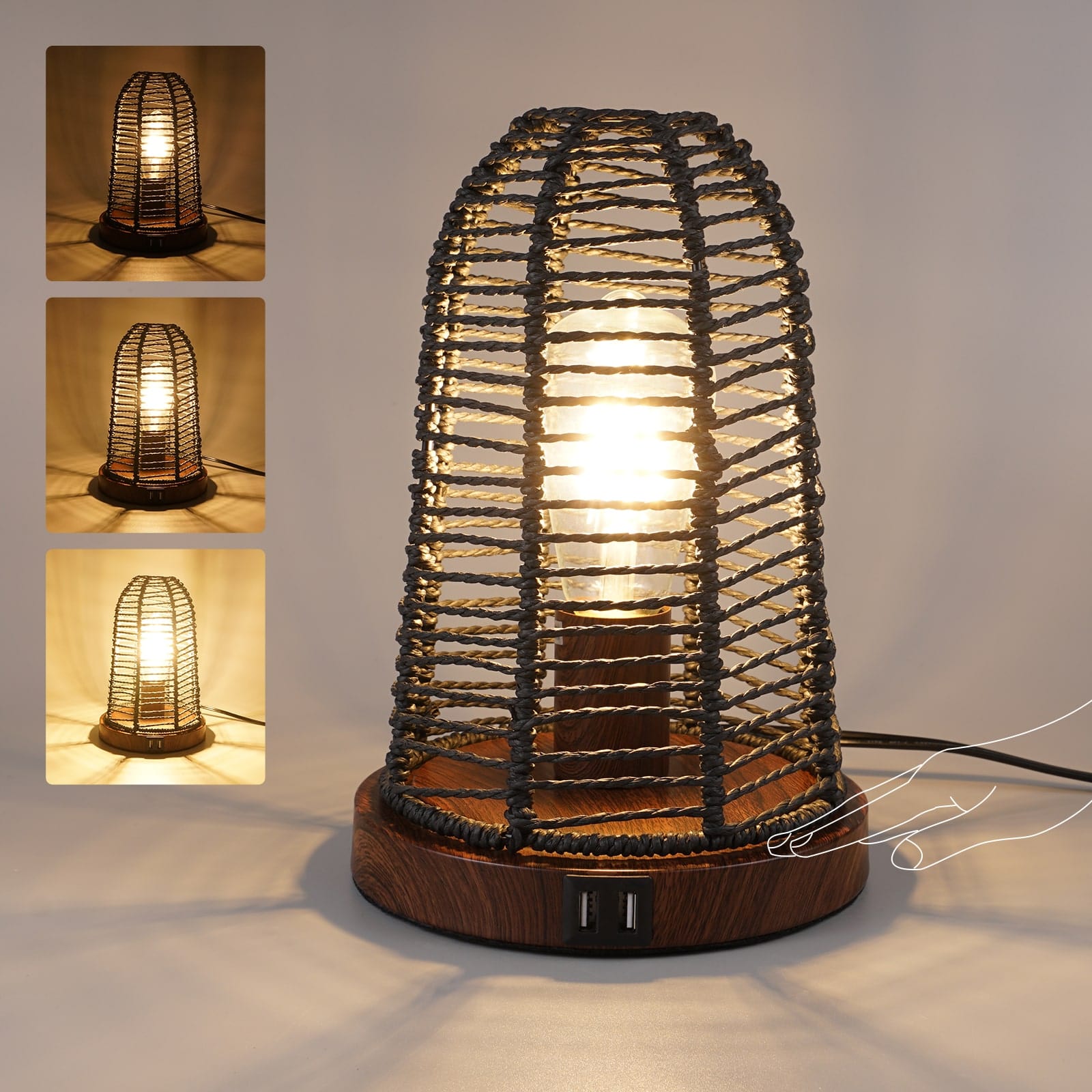 N04 Farmhouse Table Lamp with Hand-Woven Shade Touch Control for Dining Room