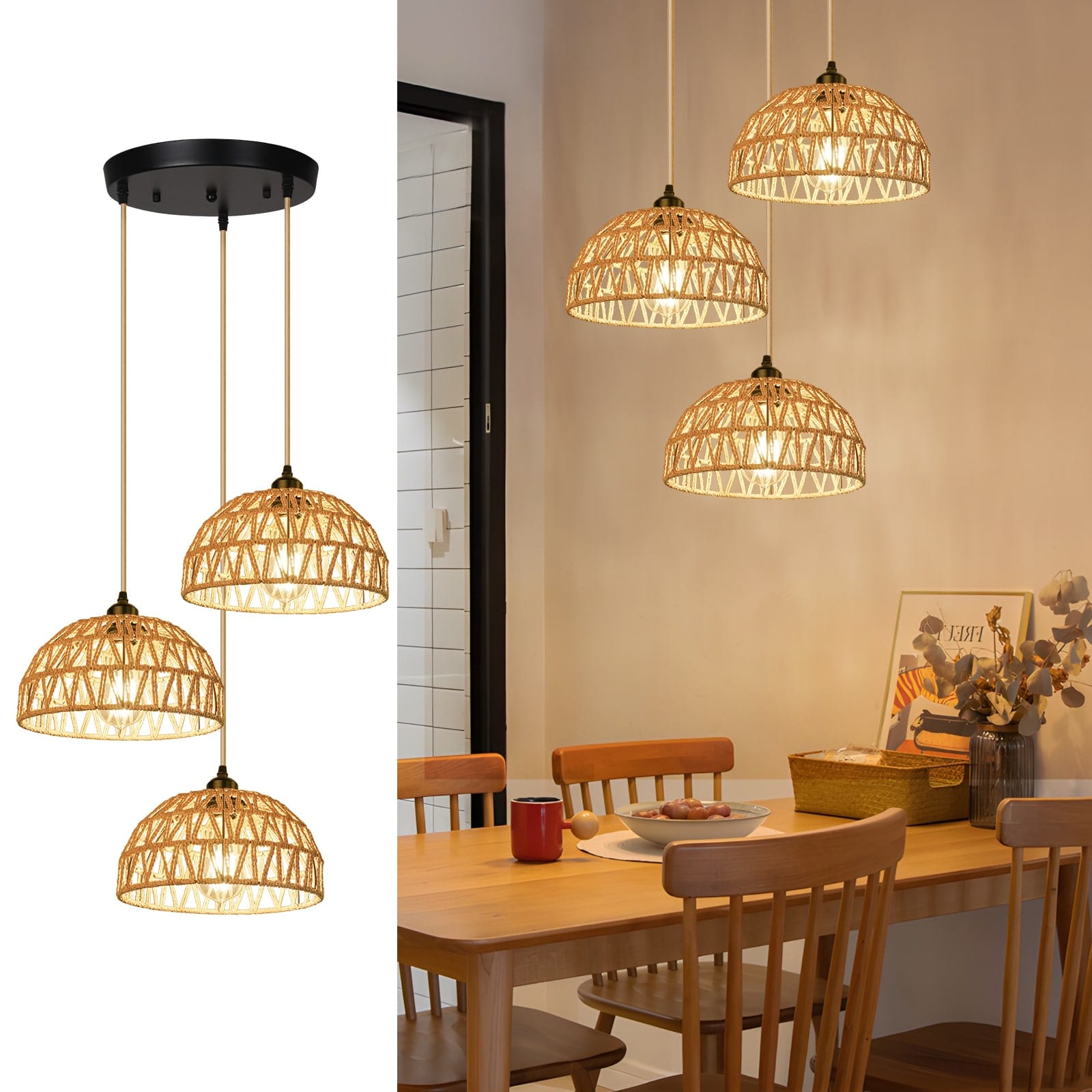 N05 Boho Hand Woven Rattan Pendant Light 3 Lights Adjustable length