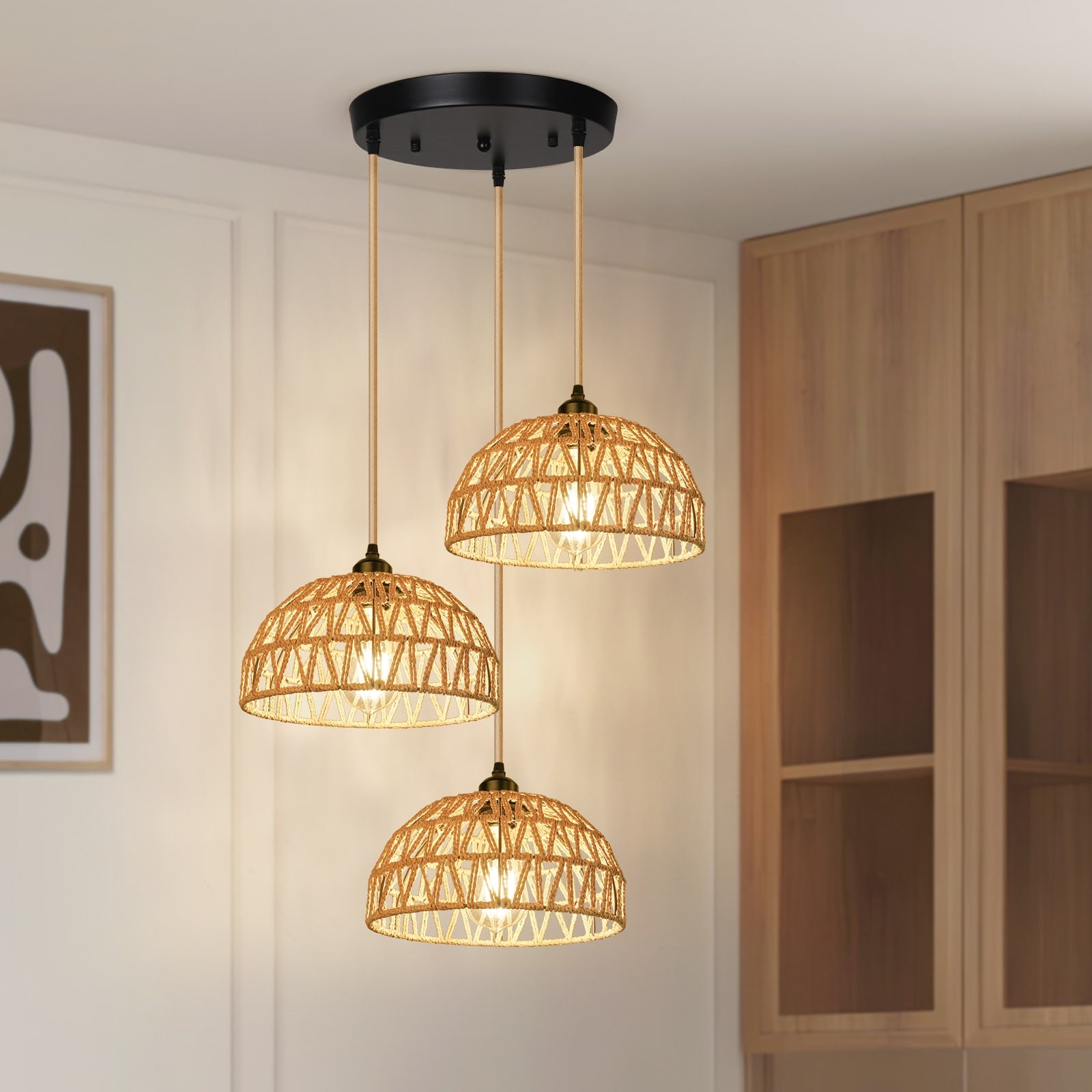 N05 Farmhouse Kitchen Rattan Pendant Lamp 3 Lights Adjustable Length