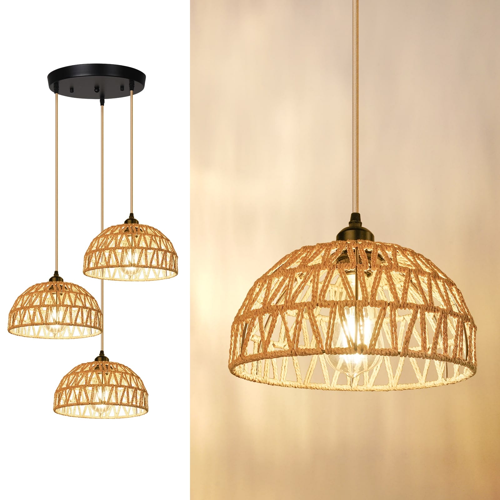 N05 3 Lights Adjustable Length Vintage Rattan Pendant Lamp for Bedroom