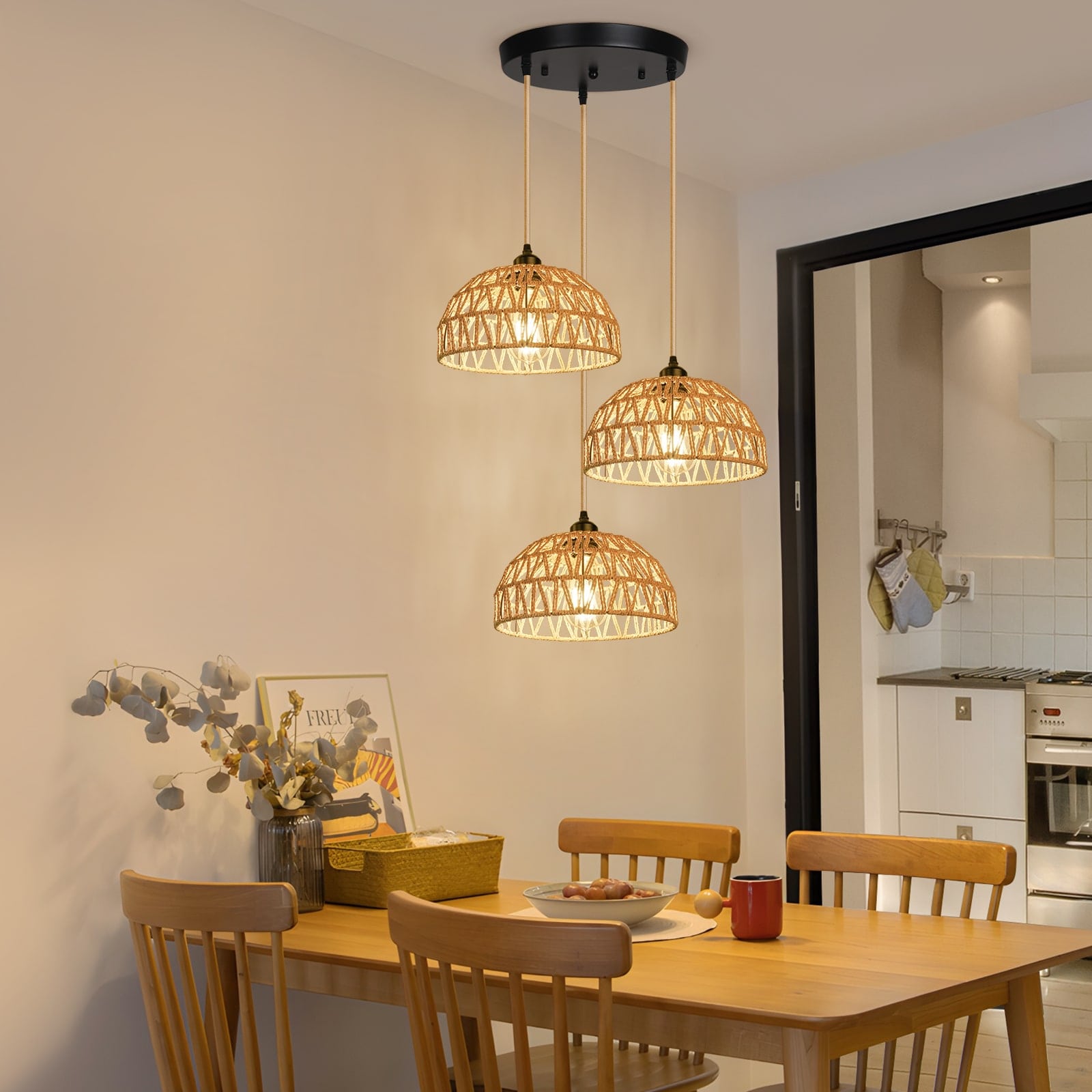 N05  Natural Rattan Lantern Pendant Light for Dining Room