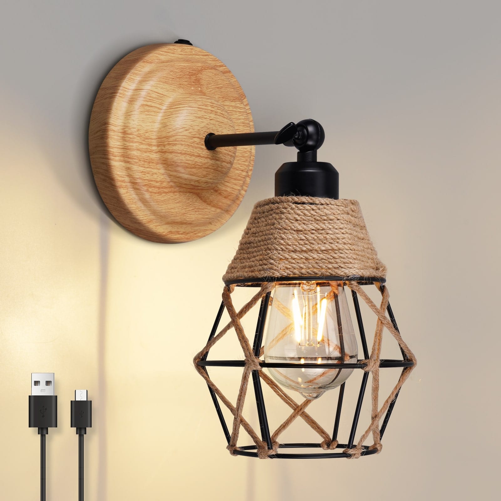 N06 Rustic Rechargeable Wall Sconces Battery Operated Rope & Iron Lampshade