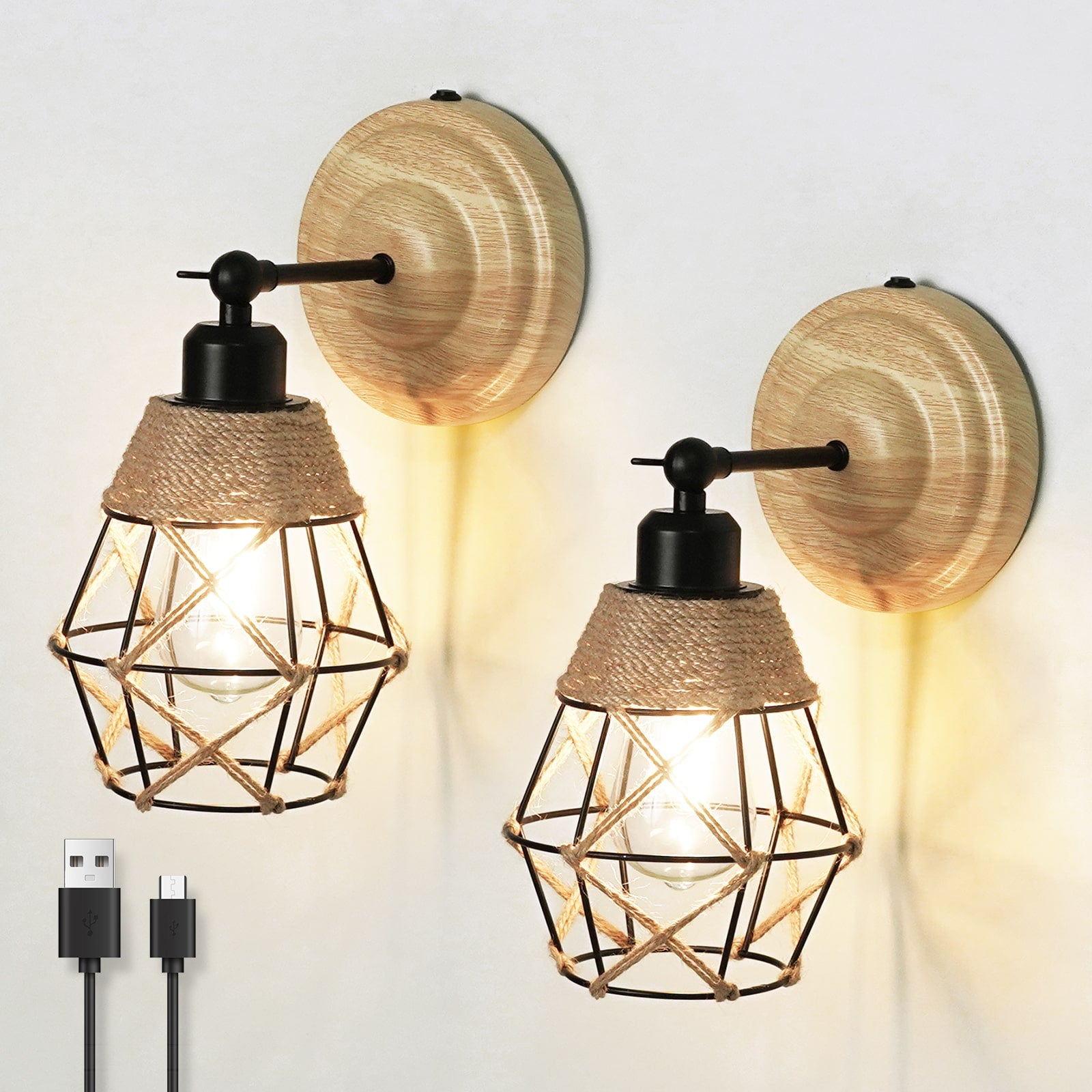 N06 Rustic Rechargeable Wall Sconces Battery Operated Rope & Iron Lampshade