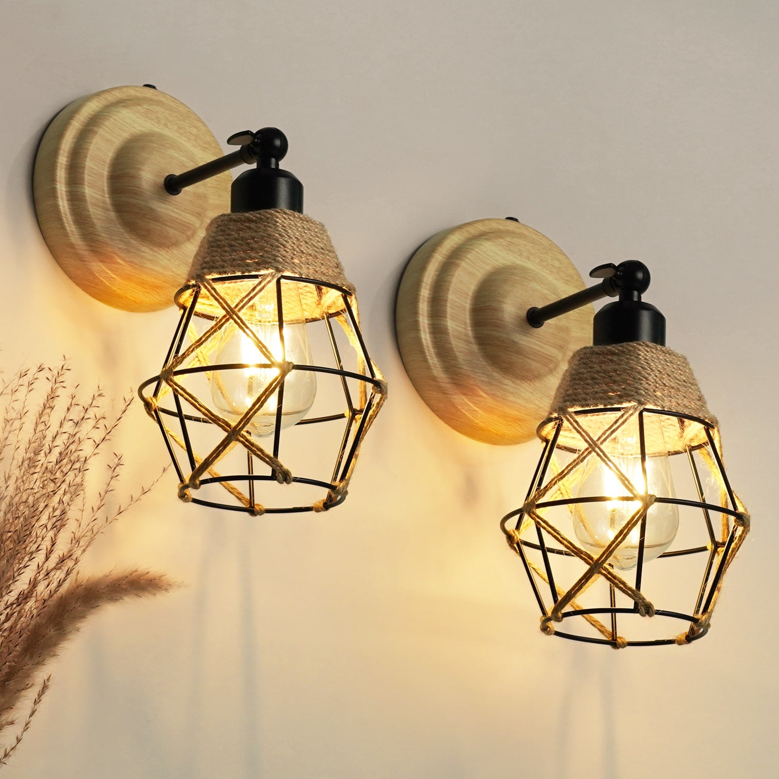 N06  Hemp Rope Iron Lampshade Battery Operated Wall Light for Living Room