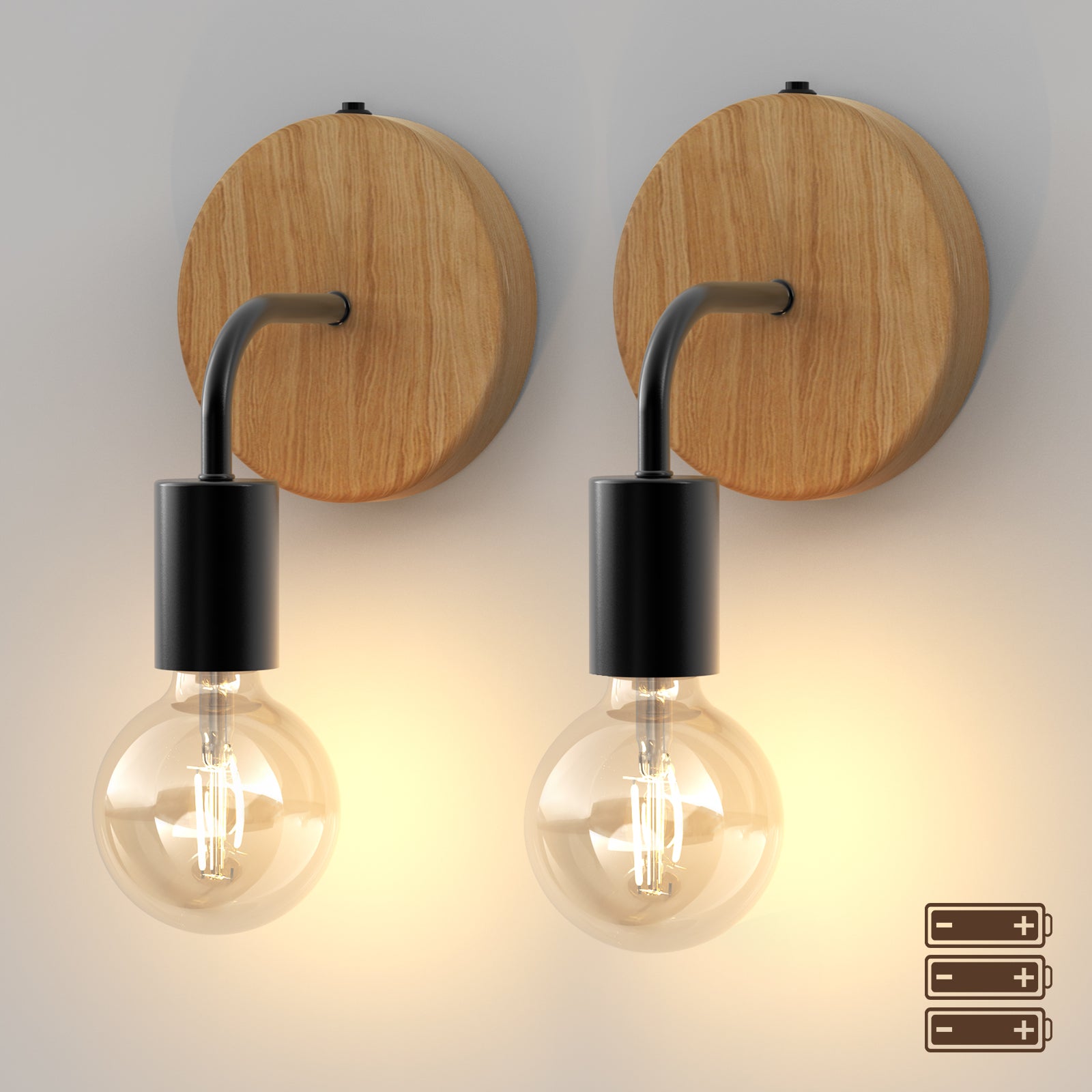 N07 Set of 2 Natural Edison Wall Lights AA Battery Powered for All Home Styles