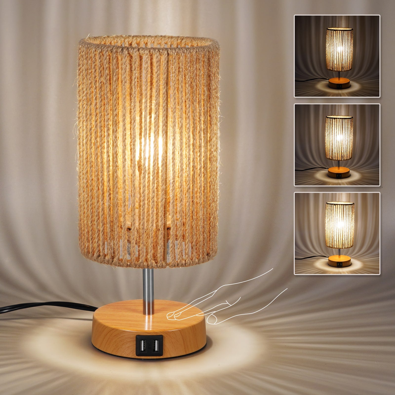 N08 Touch Rattan Table Lamp 3 Way Dimmable with USB Charging Ports