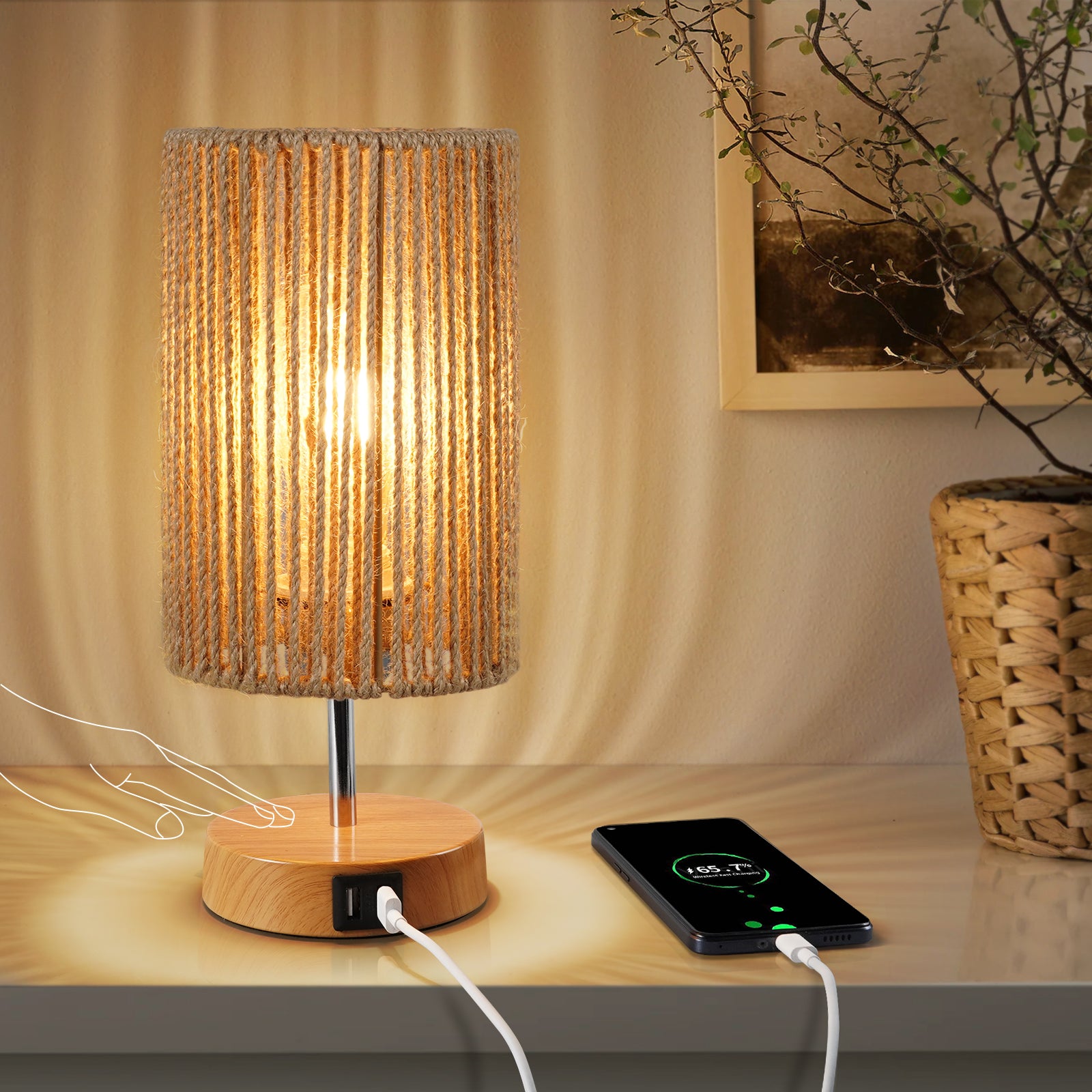 N08 Natural Hand-woven Table Lamp with USB Charging Port for Living Room
