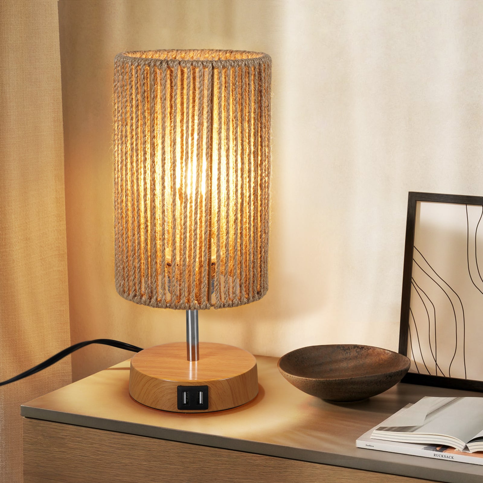 N08  Rattan Shade Table Lamp with USB Charging Port  for Study Room
