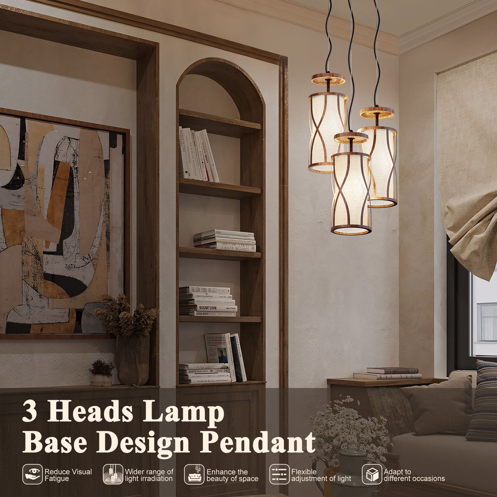 N10-4 Natural 3 Light Pendant Light Adjustable Hanging Light Fixture for All Home Styles