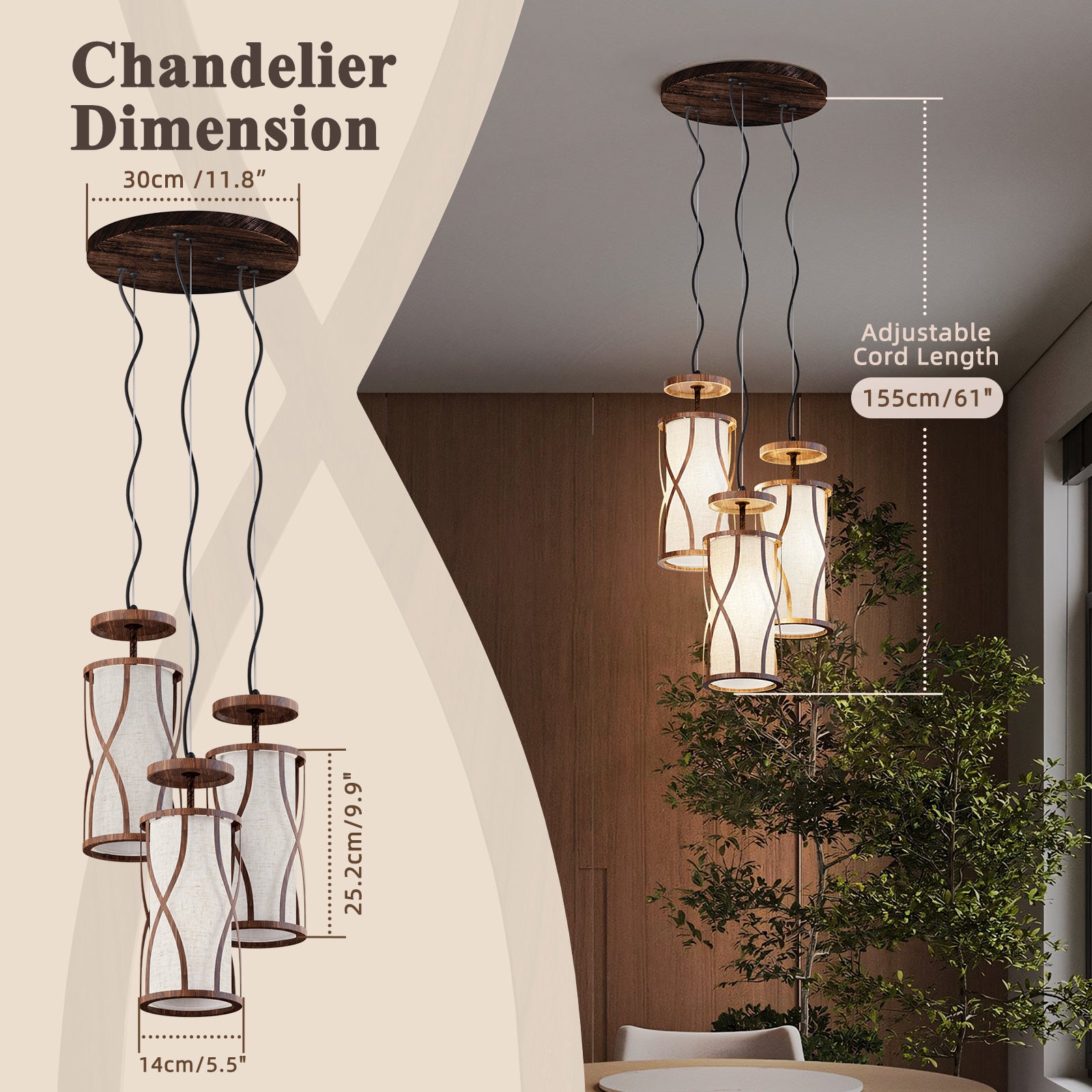 N10-4 Natural 3 Light Pendant Light Adjustable Hanging Light Fixture for All Home Styles