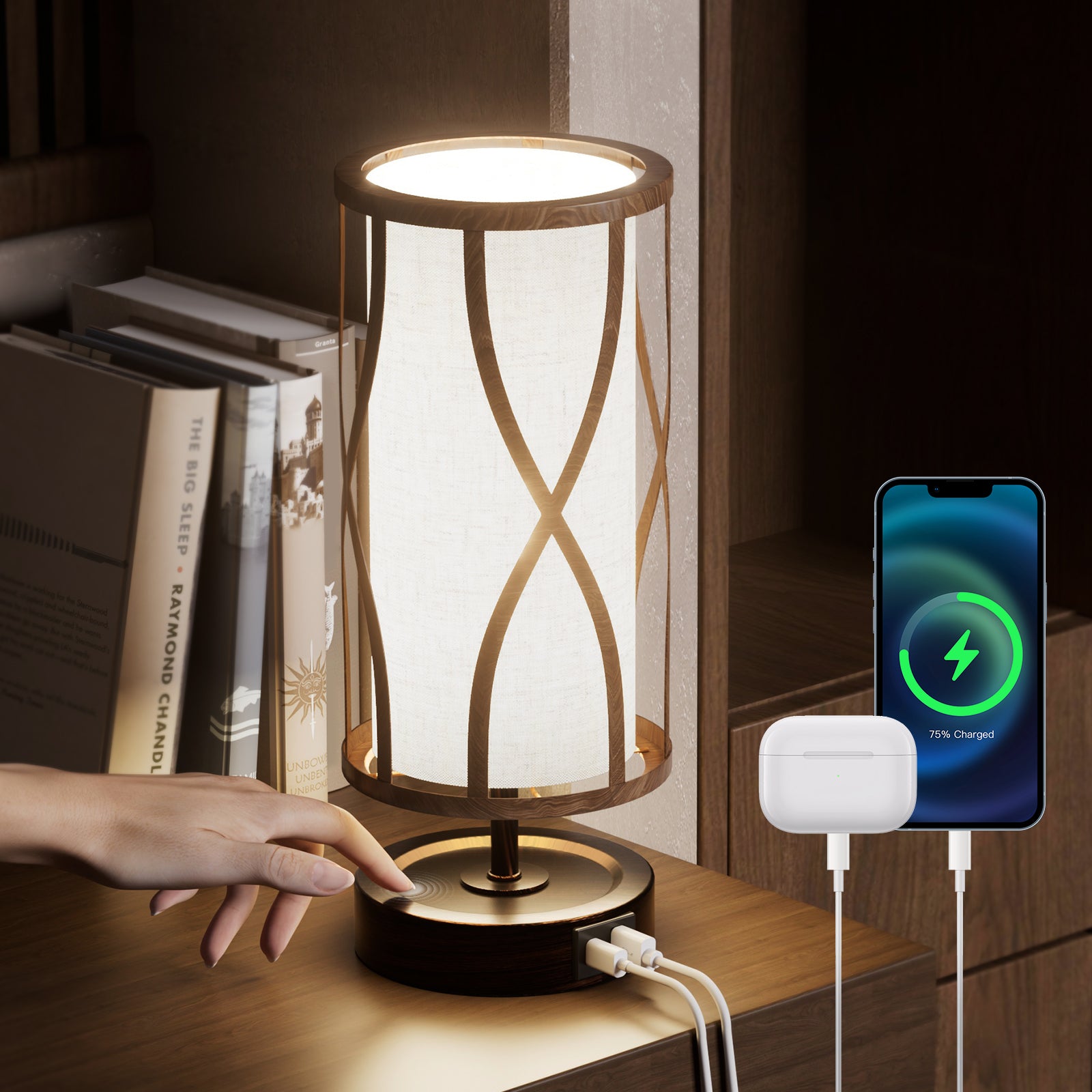 N10-2 Natural Dimmable Table Lamp with USB Ports for Bedroom