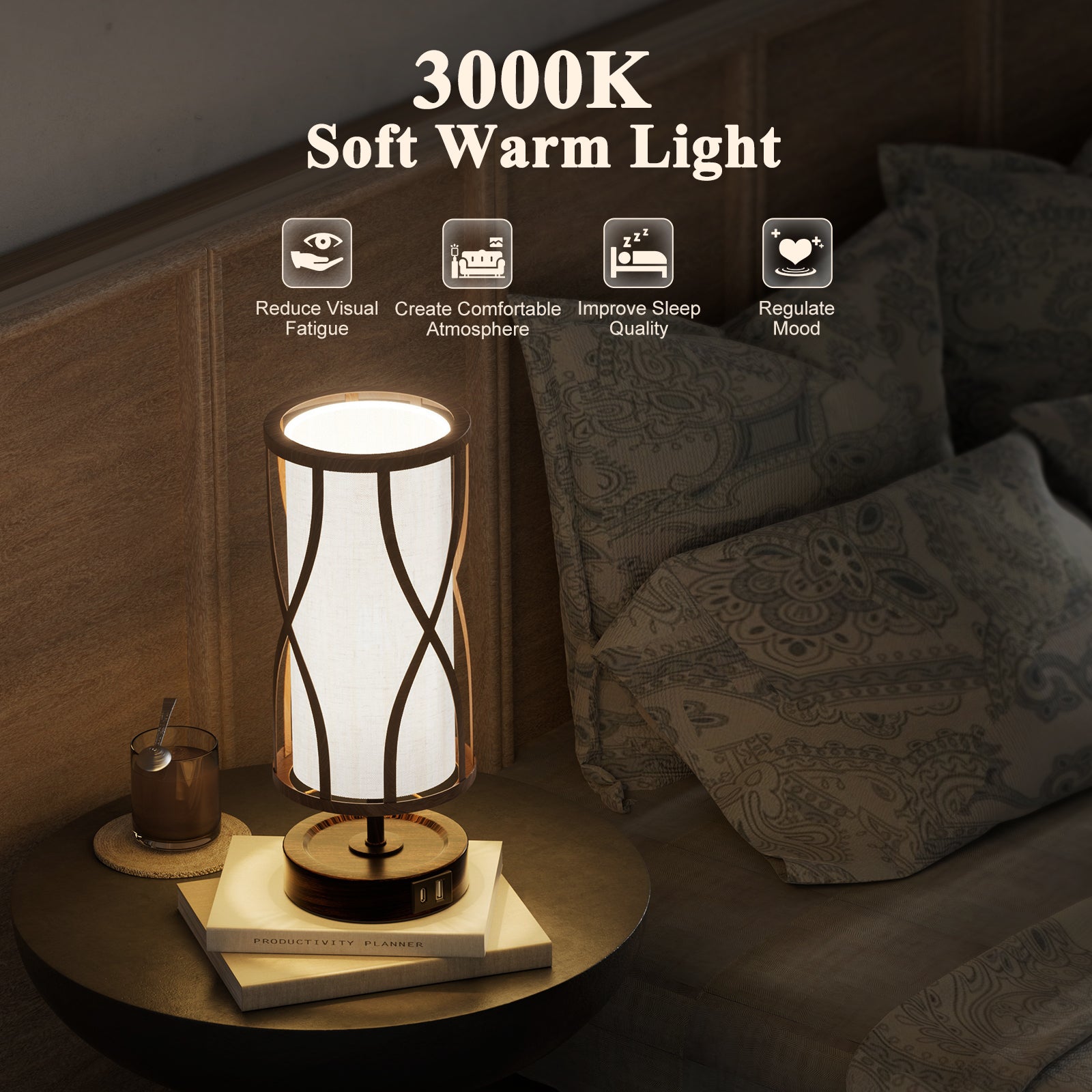 N10-2 Natural Dimmable Table Lamp with USB Ports for Bedroom