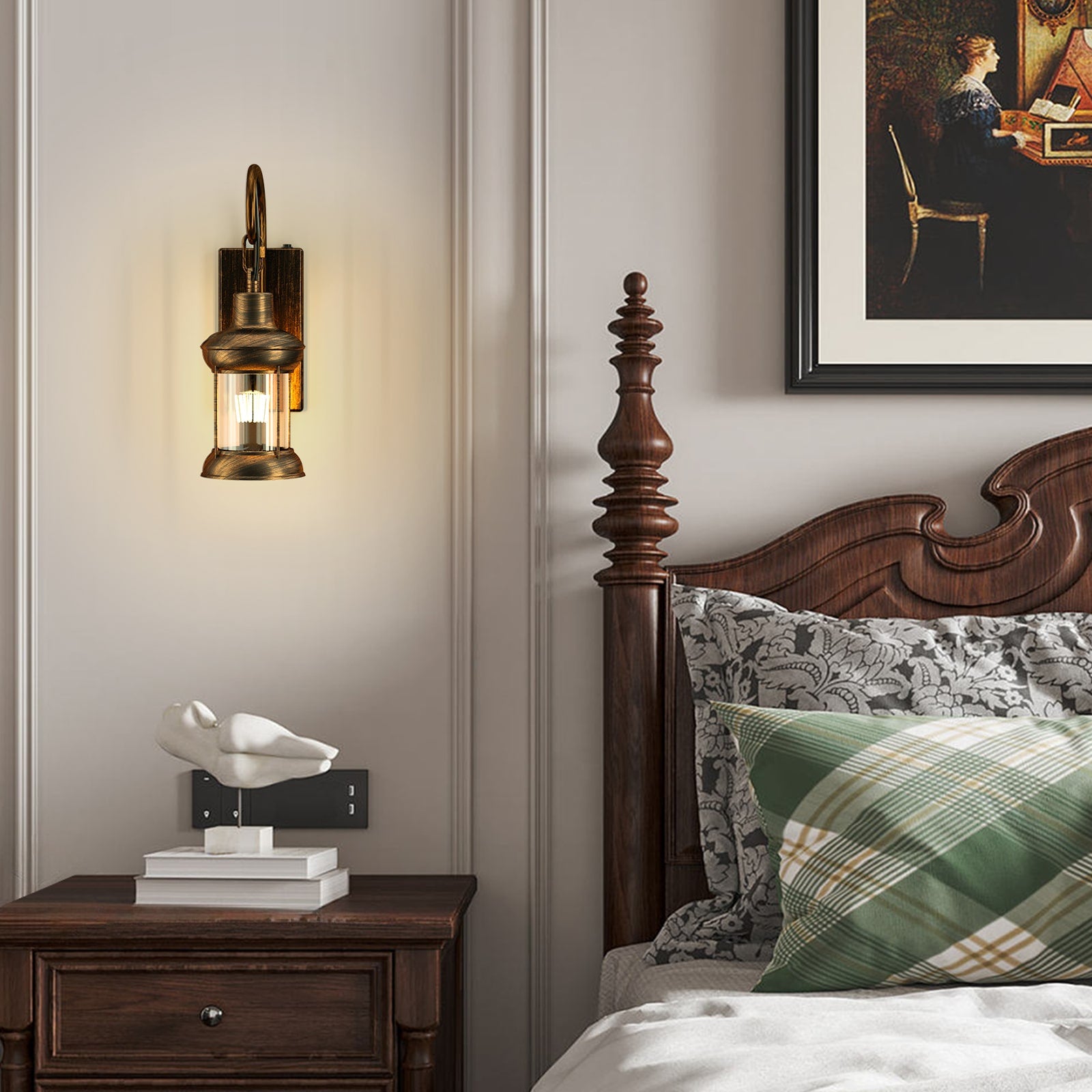 V04 Vintage Lantern Wall Lamp | Battery-Powered, Warm Glow for Bedroom