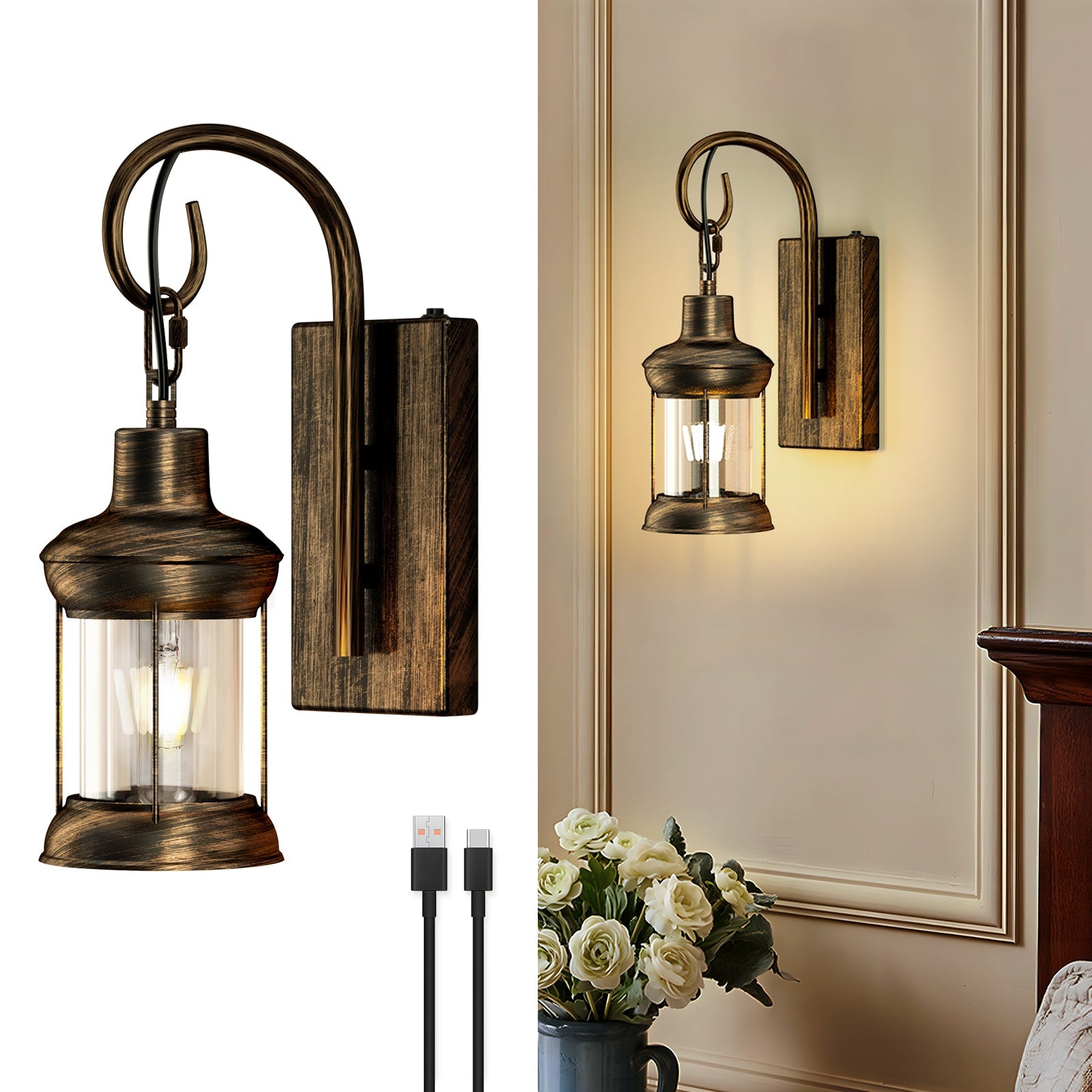 V04 Vintage Style Bronze Oil Battery Operated Wall Sconce for Living Room