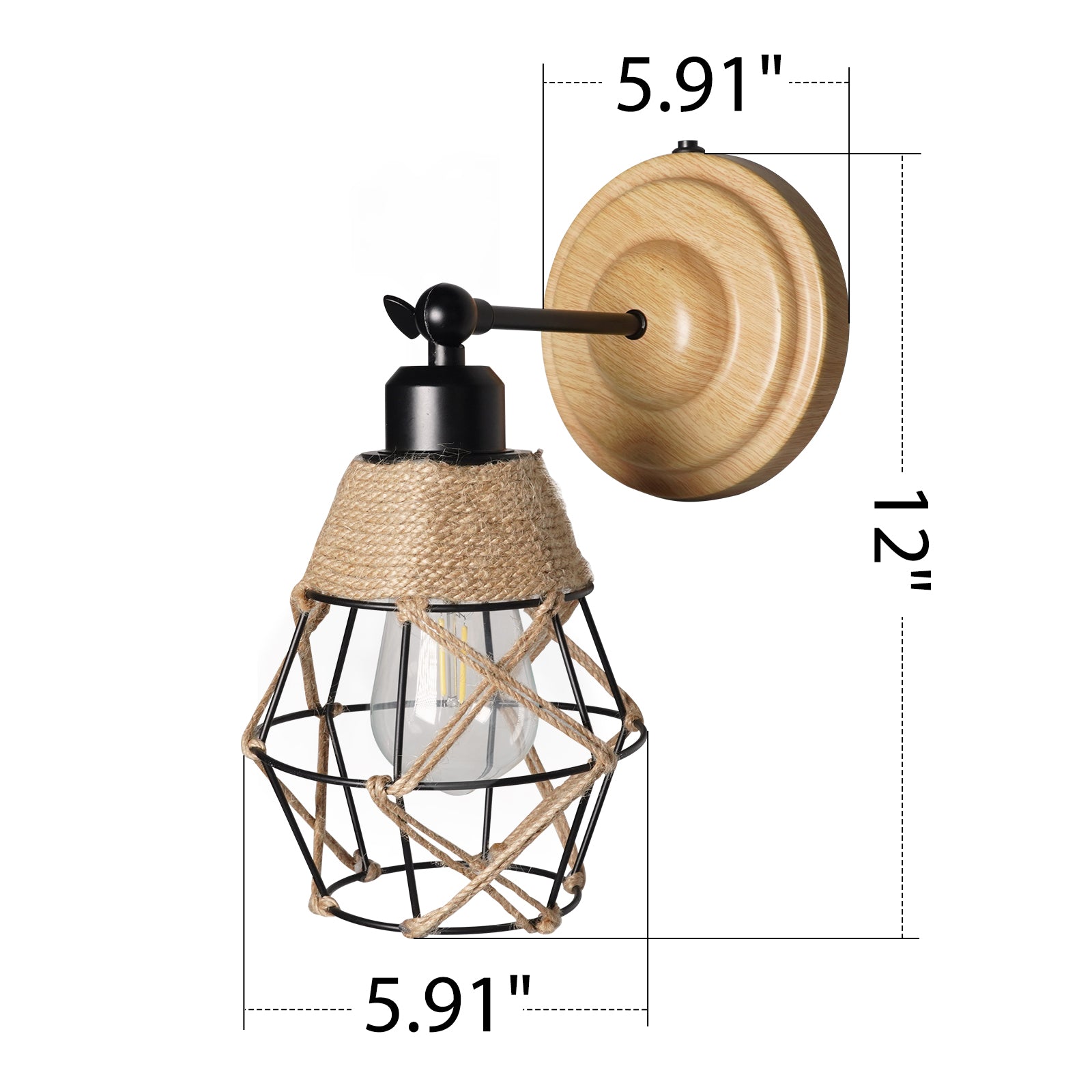 N06 Rustic Rechargeable Wall Sconces Battery Operated Rope & Iron Lampshade