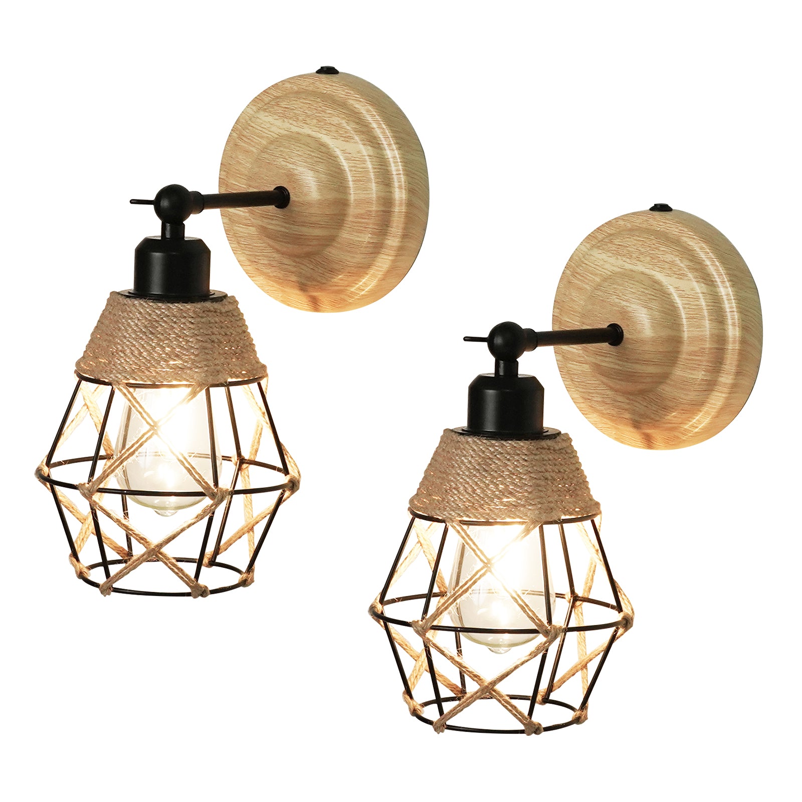 N06 Rustic Battery-Operated Wall Sconces with Rope & Iron Lampshade (Bulb Included)