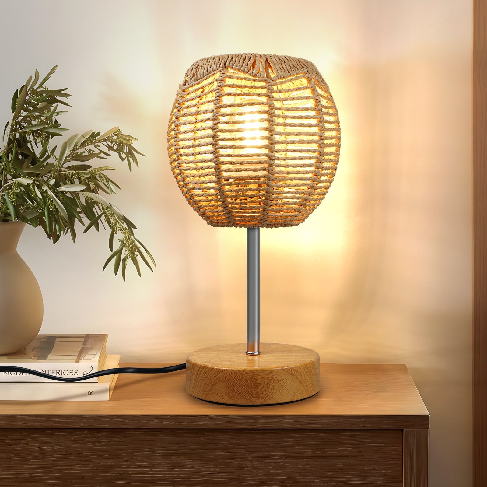 N02 Boho Bedside Table Lamp with Rattan Shade 3 Way Dimmable Touch Control